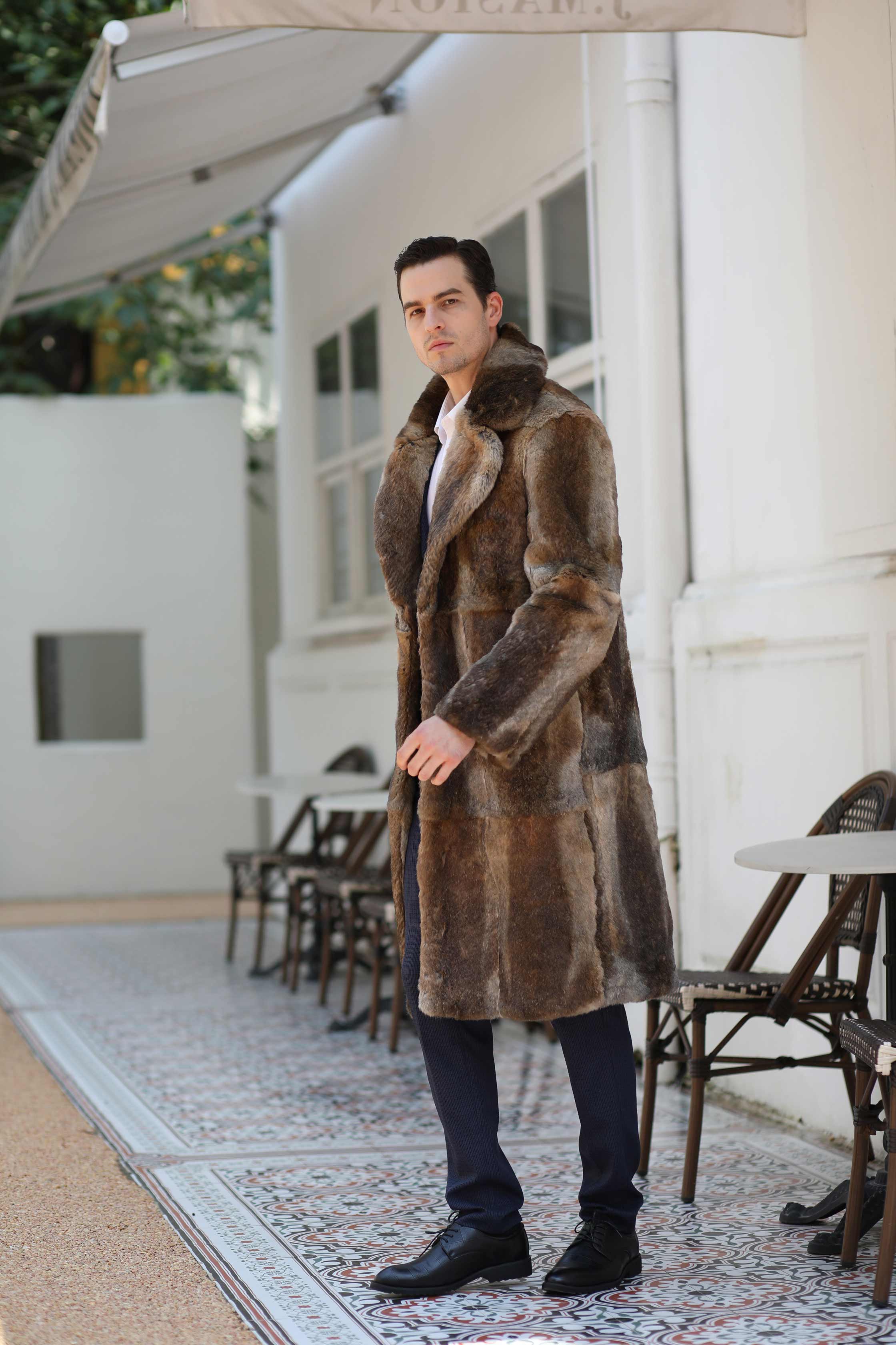 High Quality Men's Real Natural Fur Long Coat With Lapel Men's Rabbit Fur Coat