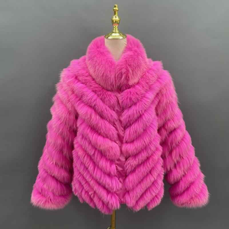 Double-Sided Fox Fur Diagonal Stripe Short Coat Pink