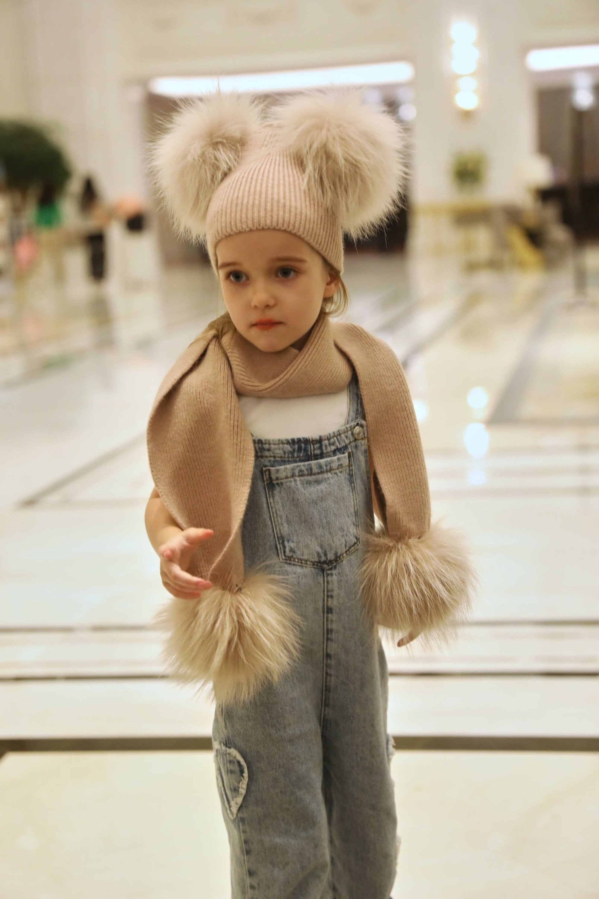 Children's Knitted Angora Double Fur Pom Pom Scarf Beige F