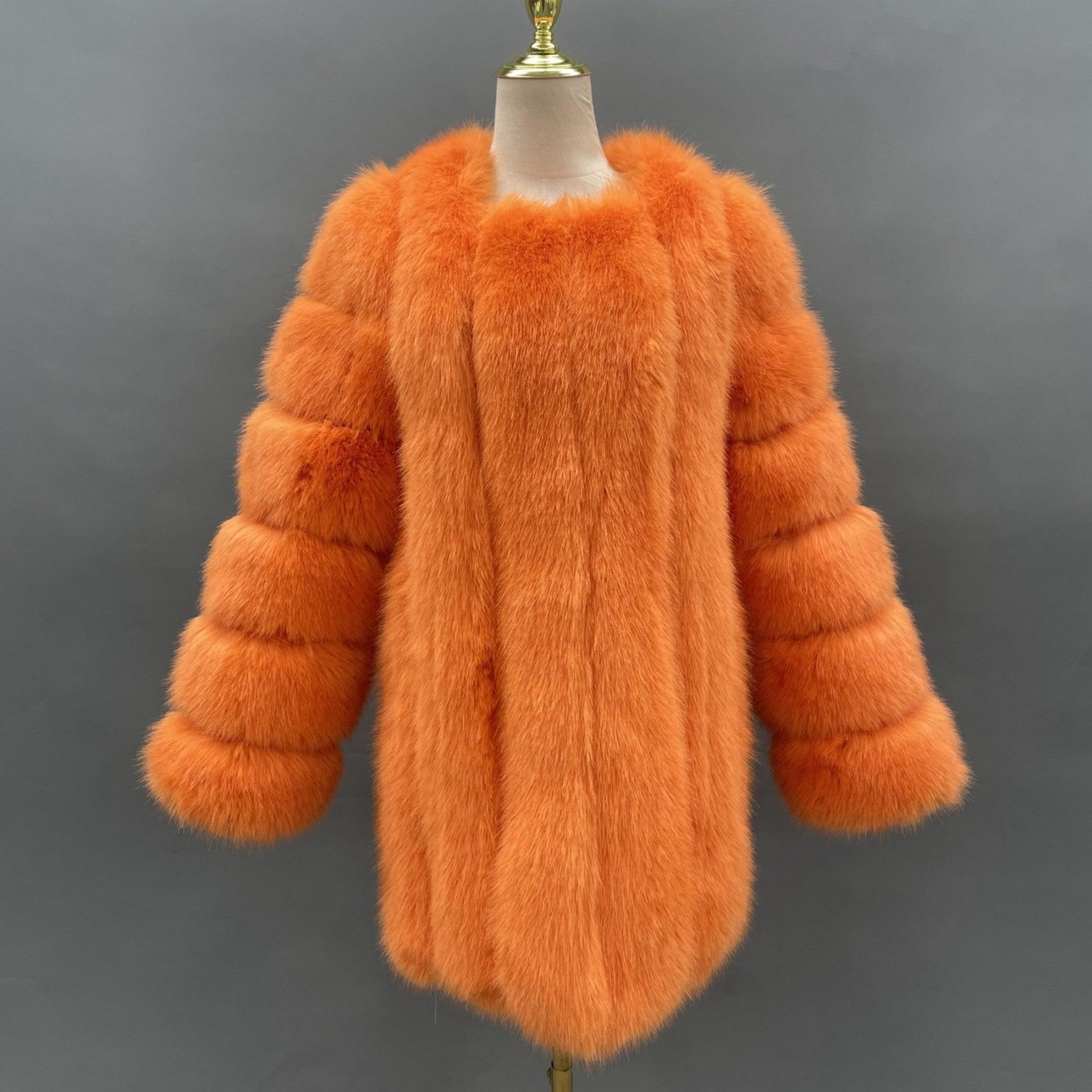 New Women's Vertical Stripe Long Faux Fox Fur Coat Eco Fur Coat Orange