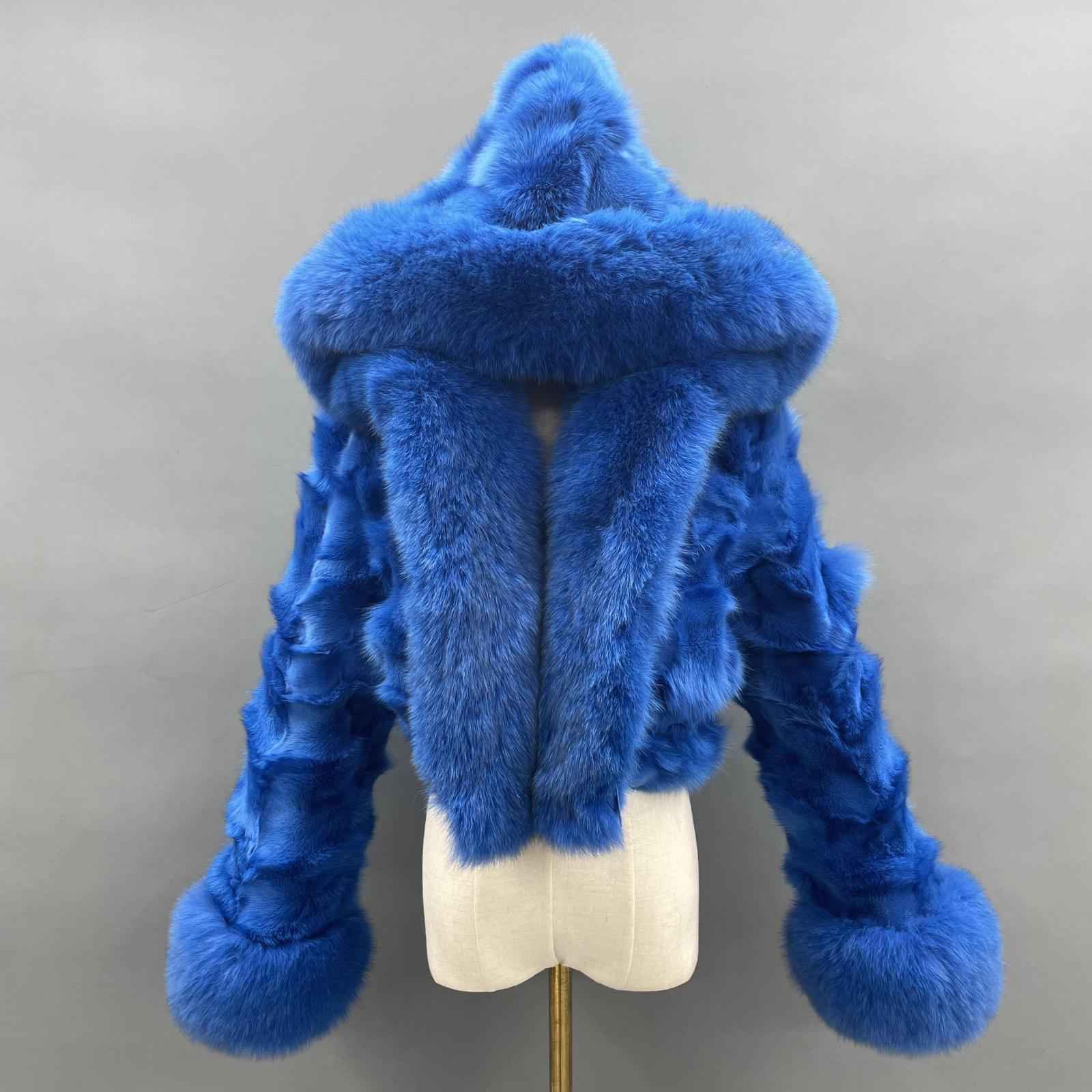 Fox Fur Coat for Women Luxurious Fox Fur Placket Hooded Zippered Jacket Blue