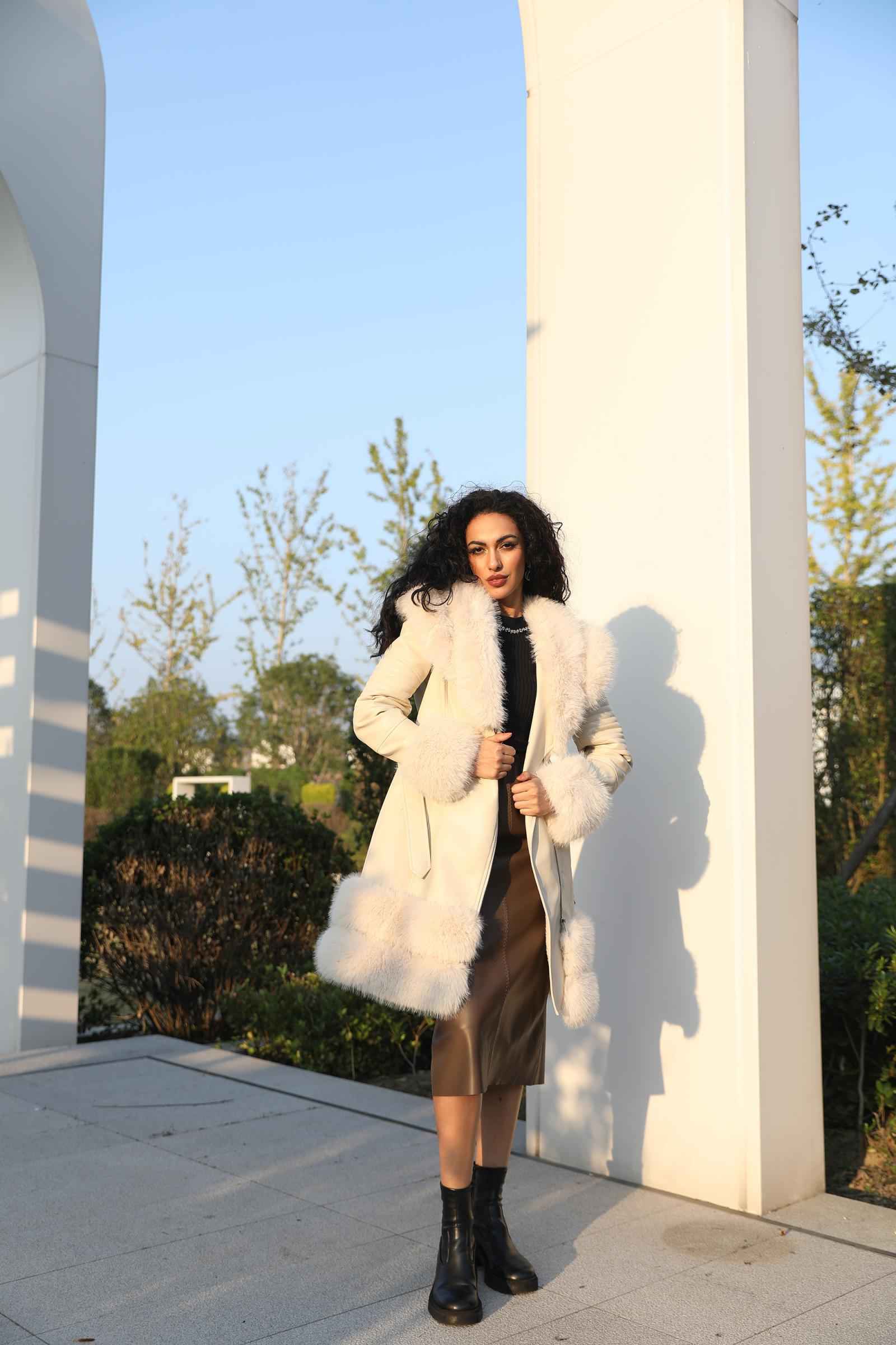 Eco-Friendly Leather Women's Mid-Length Coat with Faux Fur Cuffs and Belt