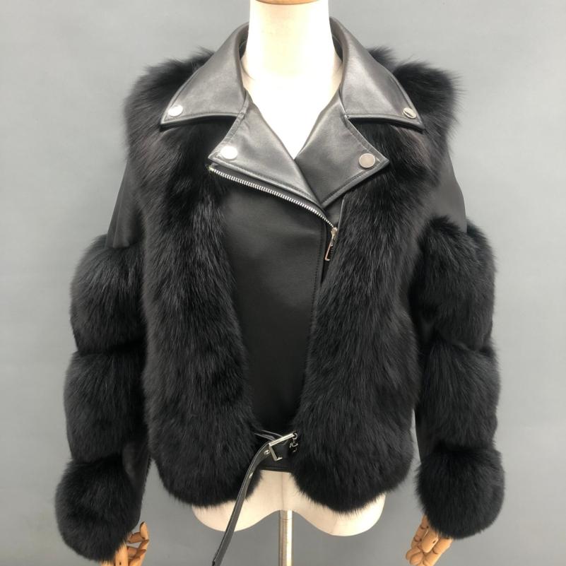 Warm Winter Leather Fluffy Real Fox Fur Jacket Women's Short Coat Black Click chat with us
