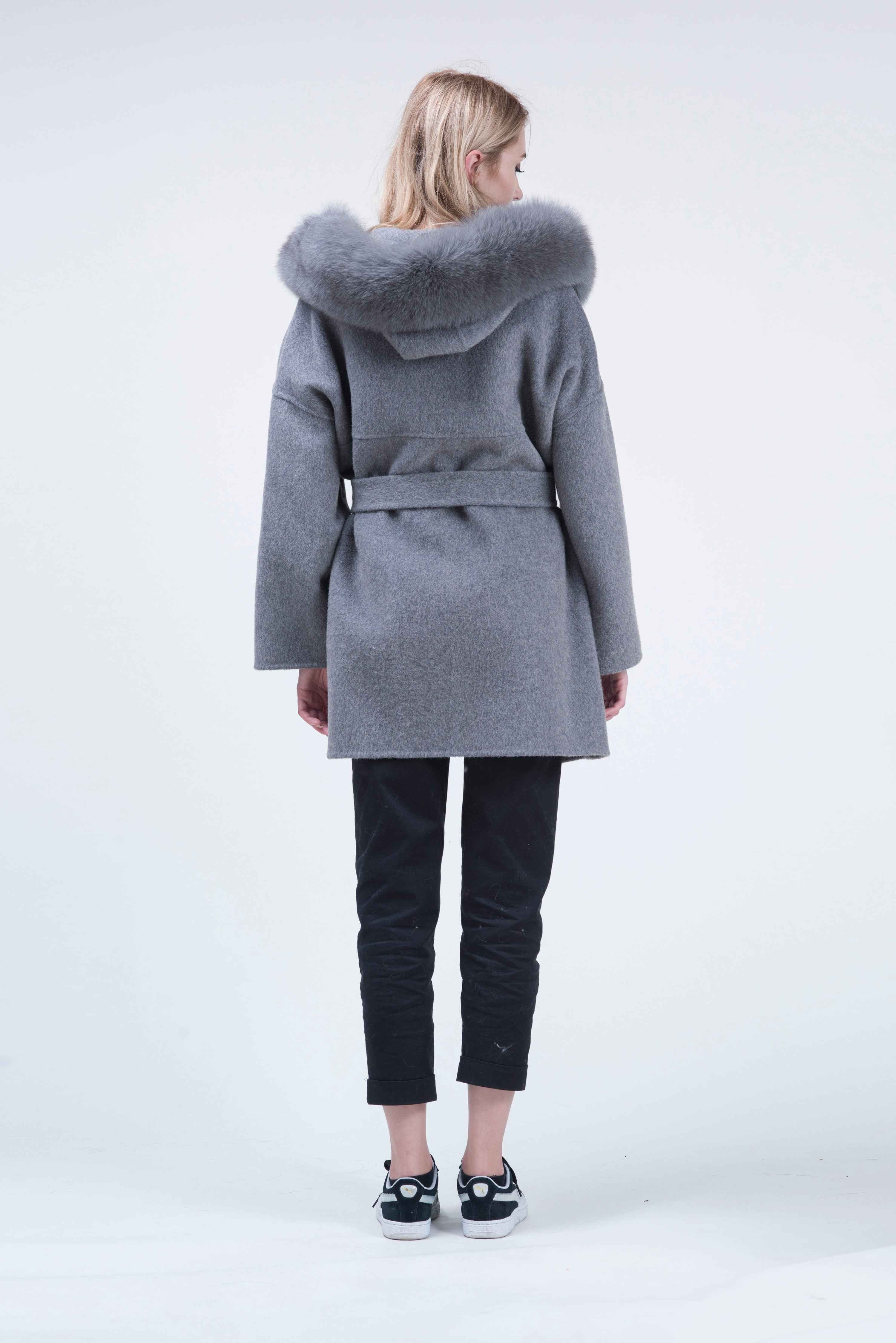 Women's Oversized Gray Wool Blend Coat with Fox Fur Hood Trim, Belted Long Winter Jacket for Casual Outfits