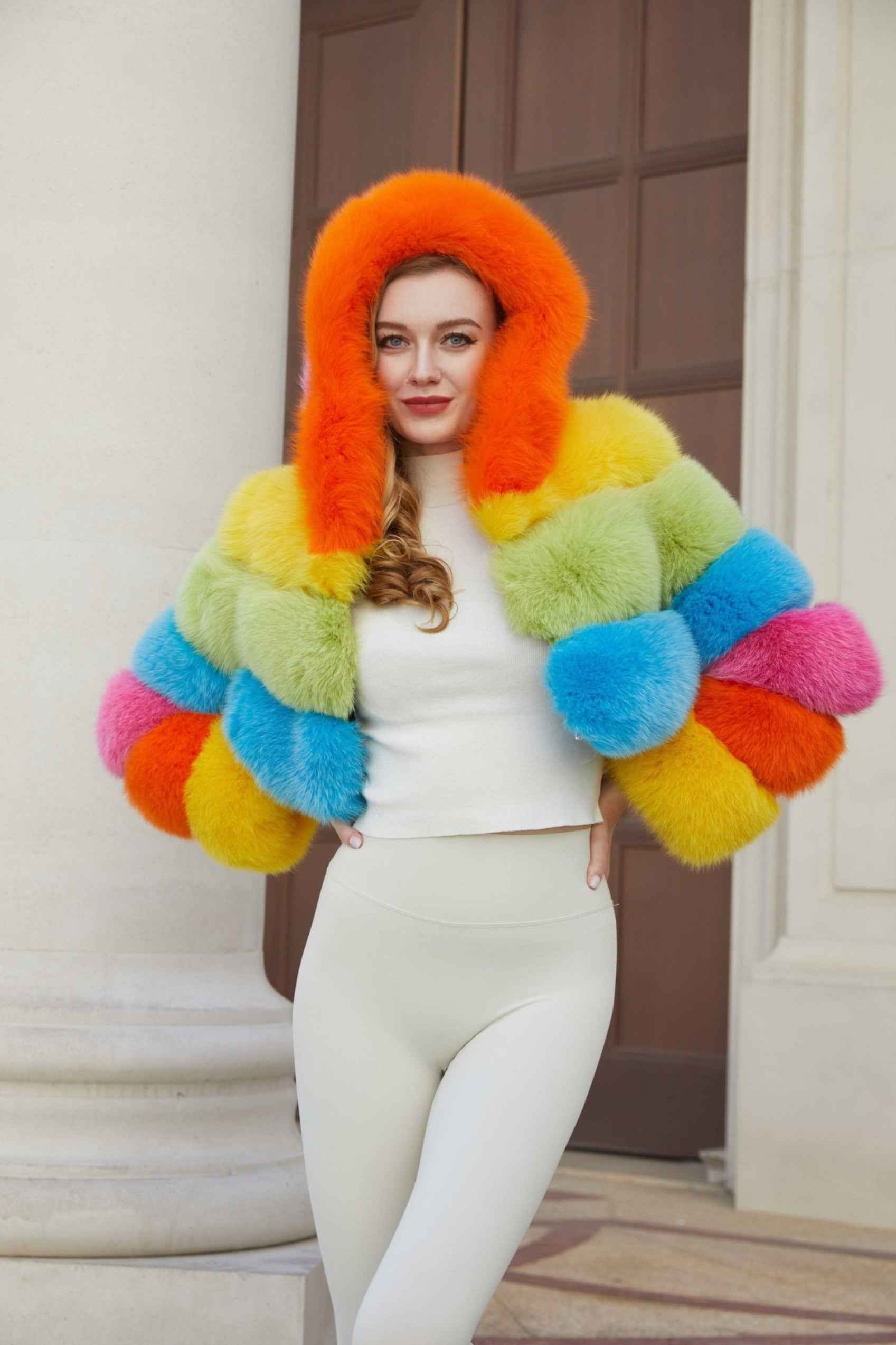 New Women's Winter Rainbow Fox Fur Hooded Coat