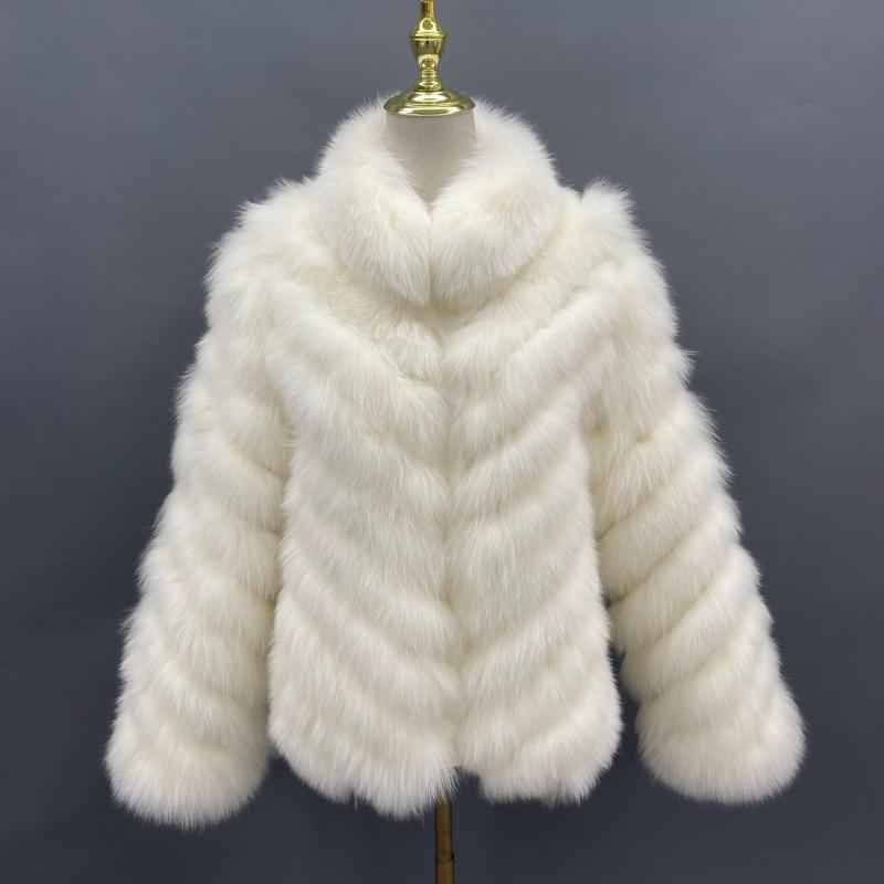 Double-Sided Fox Fur Diagonal Stripe Short Coat Cream White