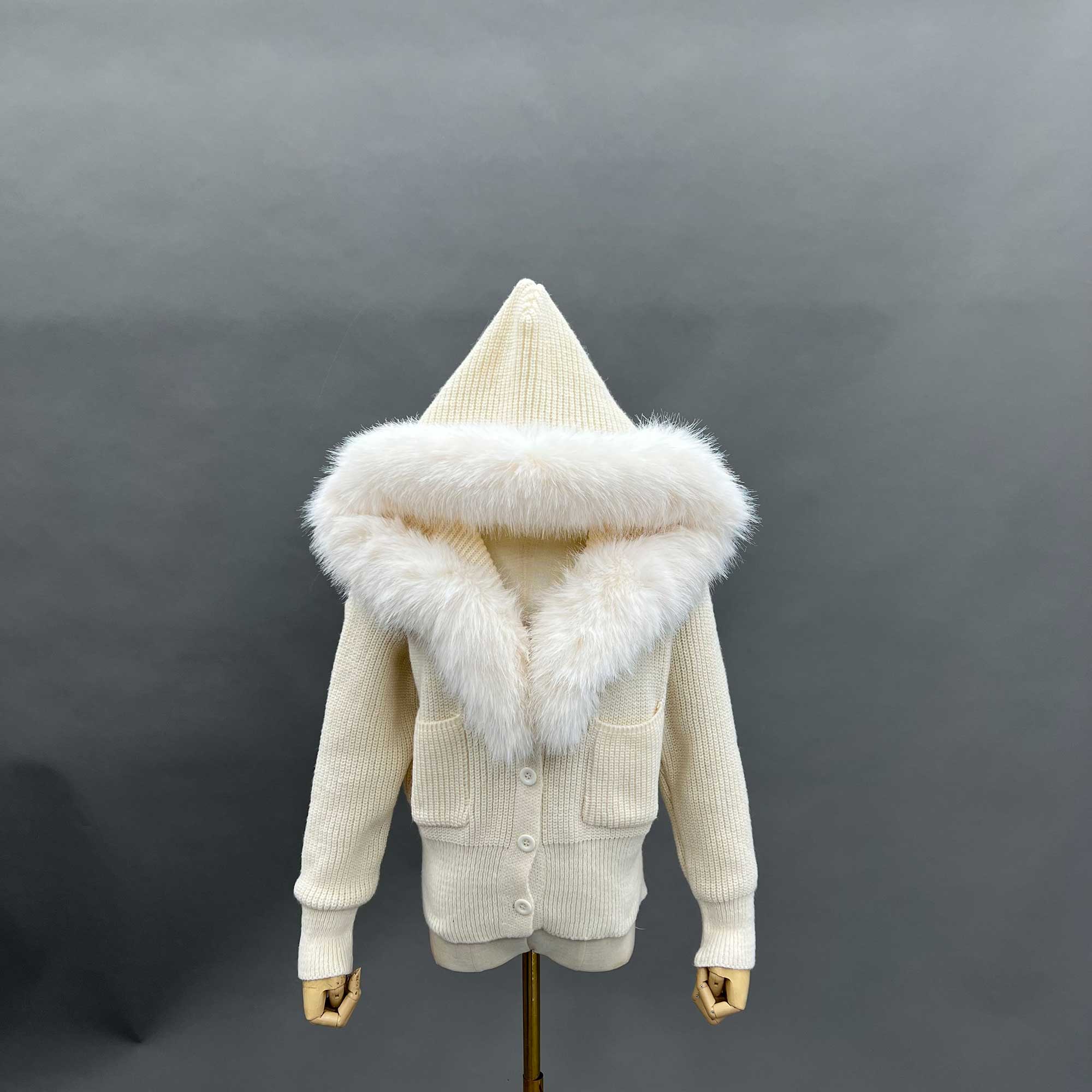 Janefur Cropped Knit Button Jacket with Faux Fur Collar Womens Knit Cardigan Sweaters White F-chest 104cm