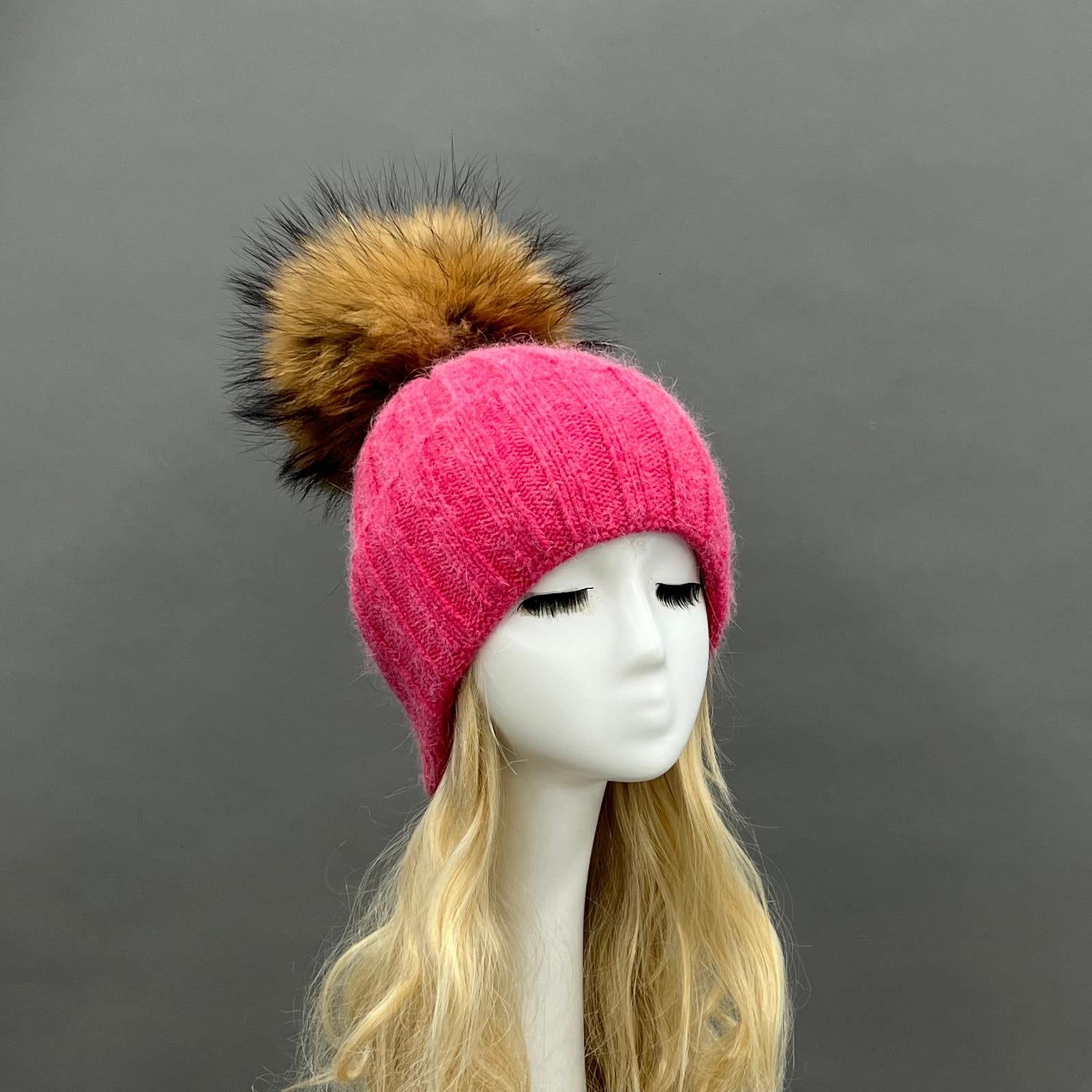 Thick Striped Angora Wool Pom Pom Winter Hat 8
