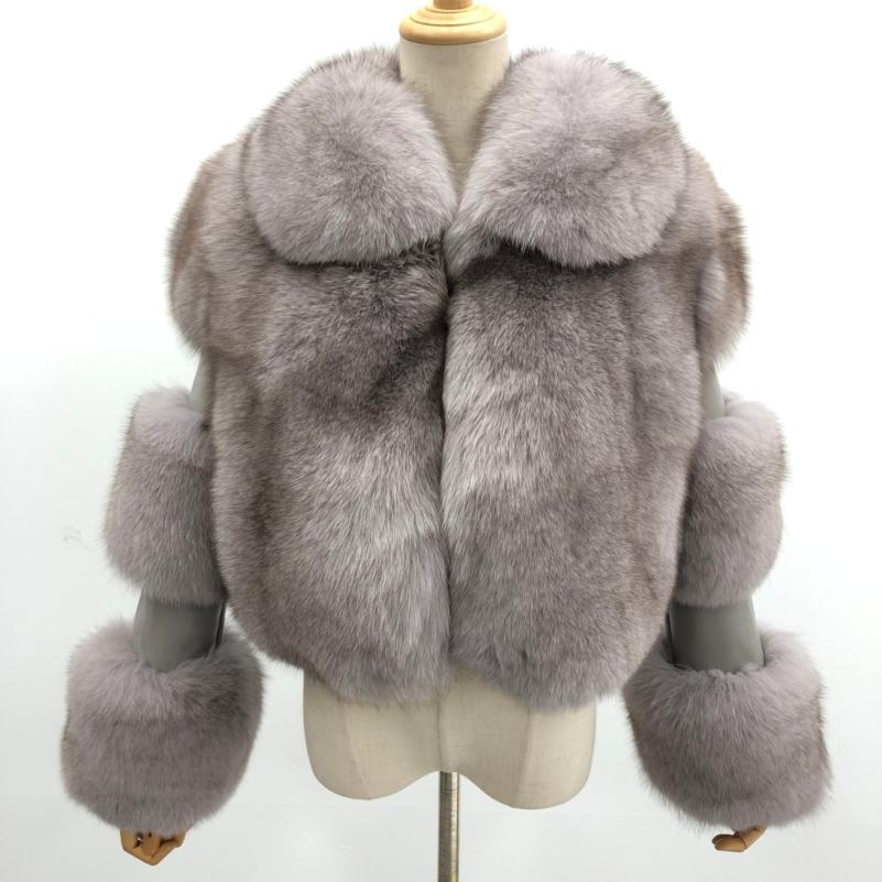 Women's Lapel Luxury Fox Jacket Full Fur Solid Color Short Style Grey Click chat with us