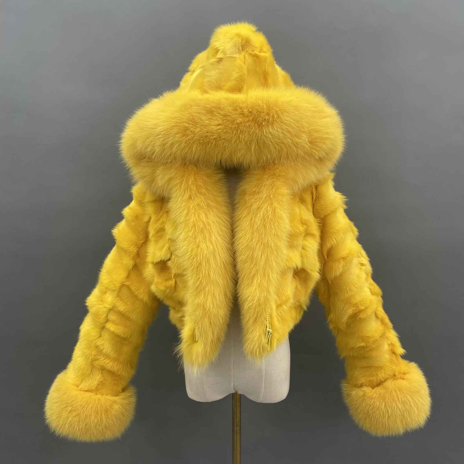 Fox Fur Coat for Women Luxurious Fox Fur Placket Hooded Zippered Jacket Yellow