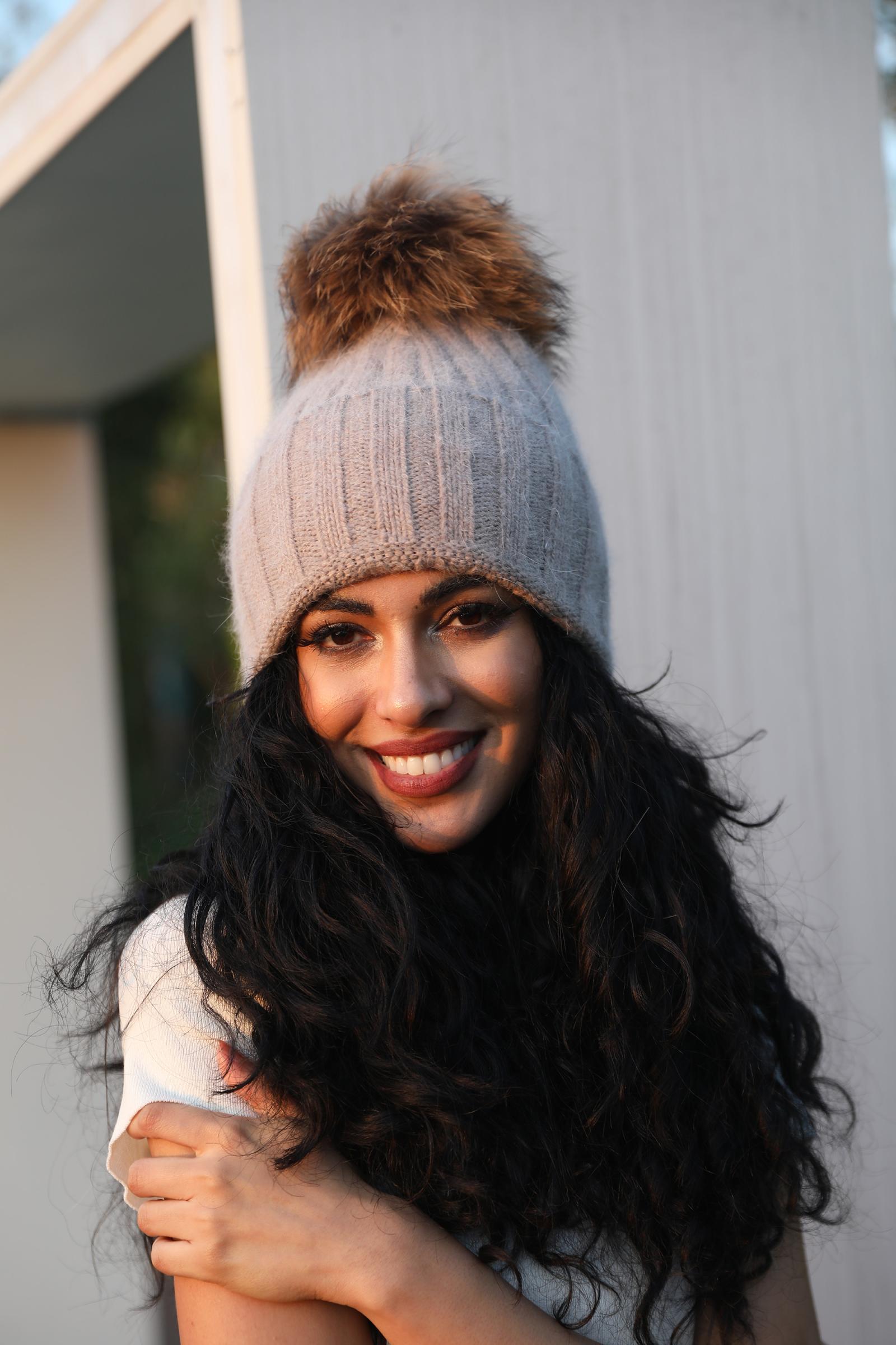 Thick Striped Angora Wool Pom Pom Winter Hat