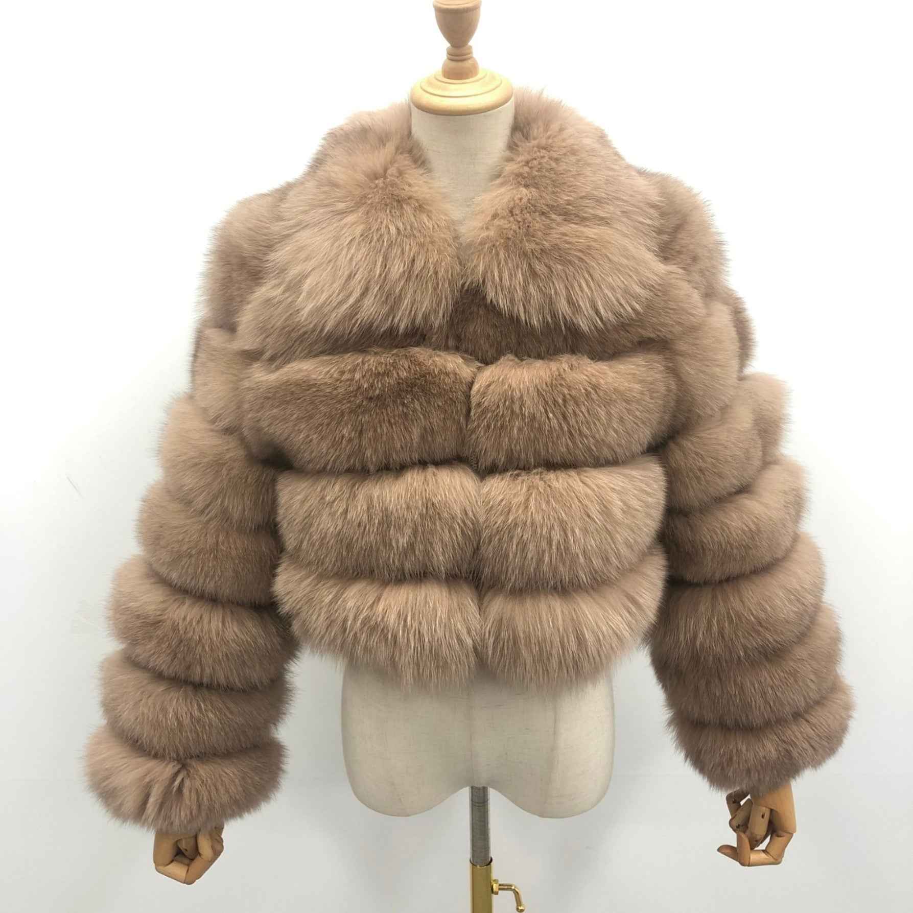 Women's Five Sections Zipper Fox Fur Coat Winter Coat Camel S-chest 92cm