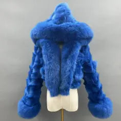 Luxury Women's Winter Short Fox Fur With Hooded Zipper Style Coat Blue Click chat with us