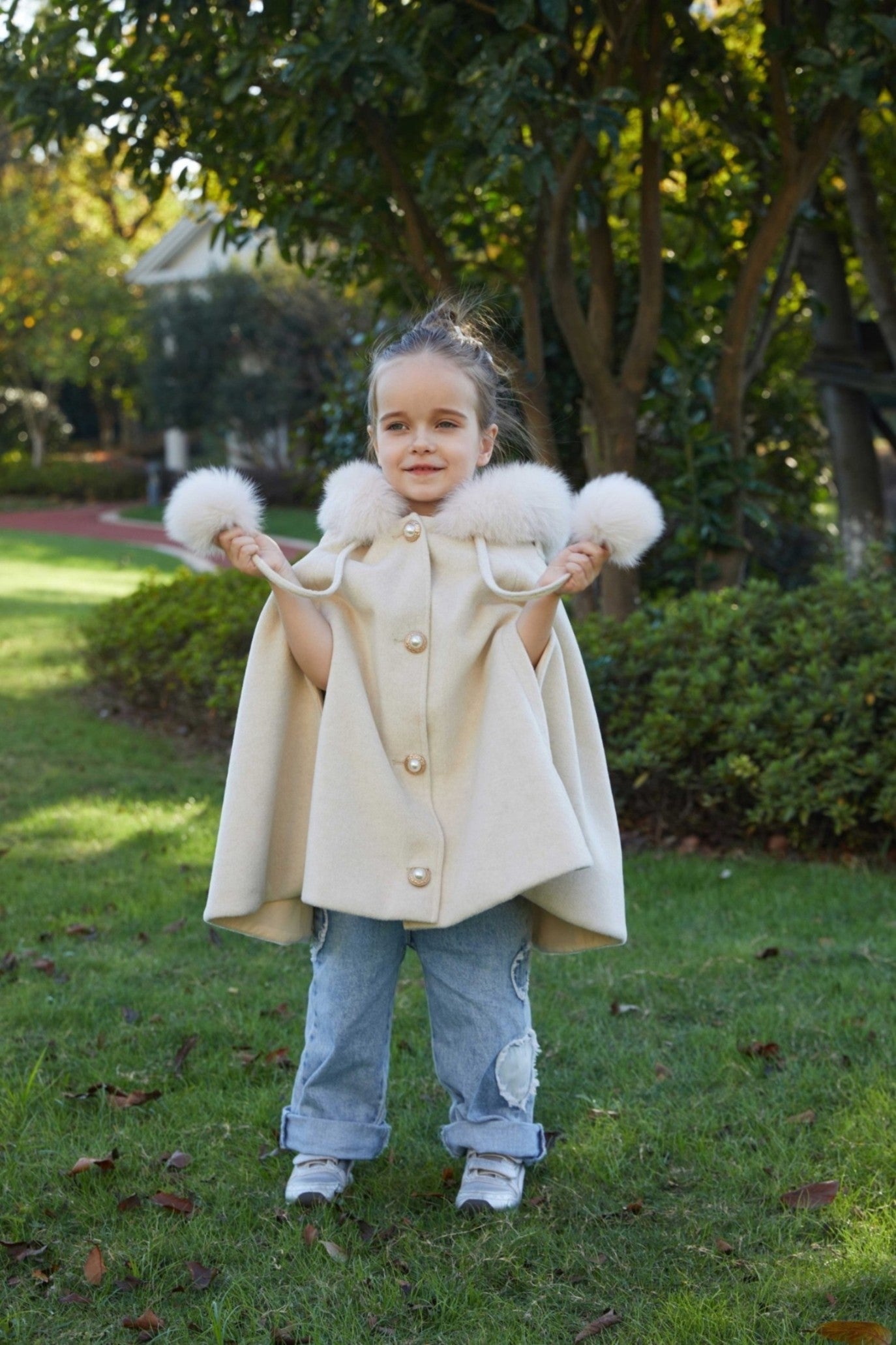New Children's Double Fur Ball Hooded Poncho Shawl