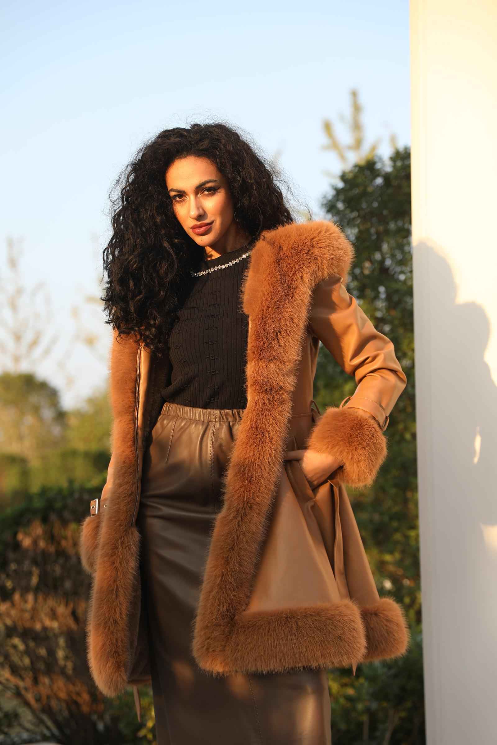 Eco-Friendly Leather and Fur Women's Long Belted Hooded Coat