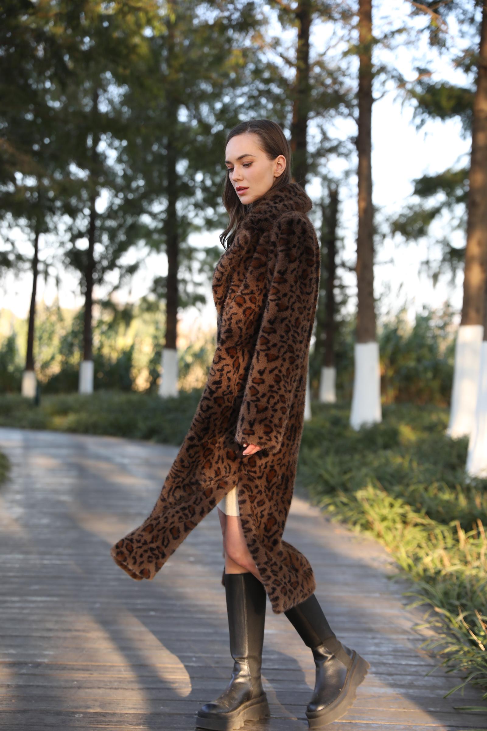 New Trendy Leopard Print Long Faux Mink Jacket Eco Fur