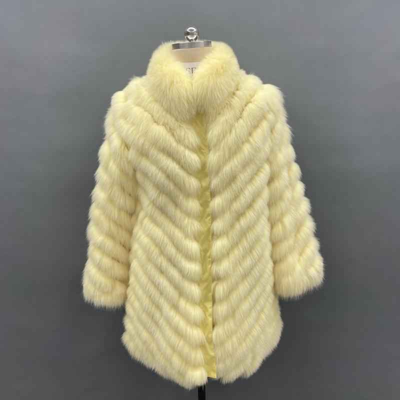 Double-Sided Fox Fur Diagonal Stripe Long Coat Yellow
