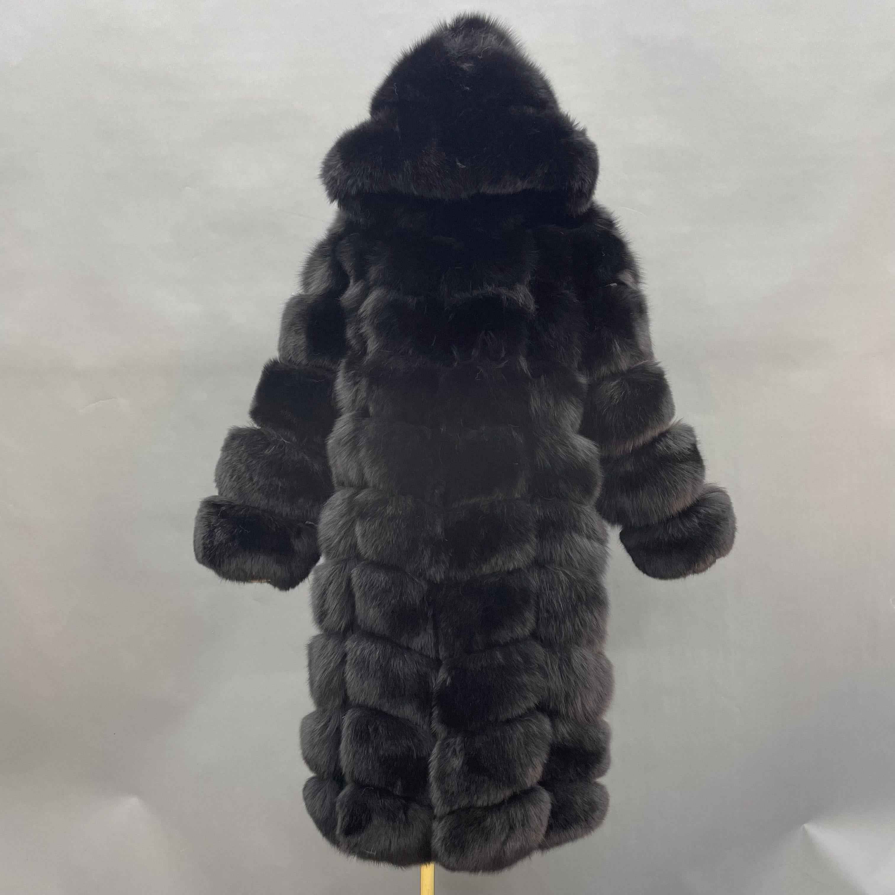Women's Luxury Fox Fur Maxi Coat - 100cm Length Hooded Layered Design Winter Warm Fashion Outerwear Black