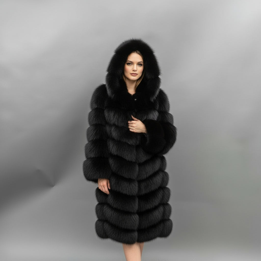 Women's Luxury Fox Fur Maxi Coat - 100cm Length Hooded Layered Design Winter Warm Fashion Outerwear Sliver