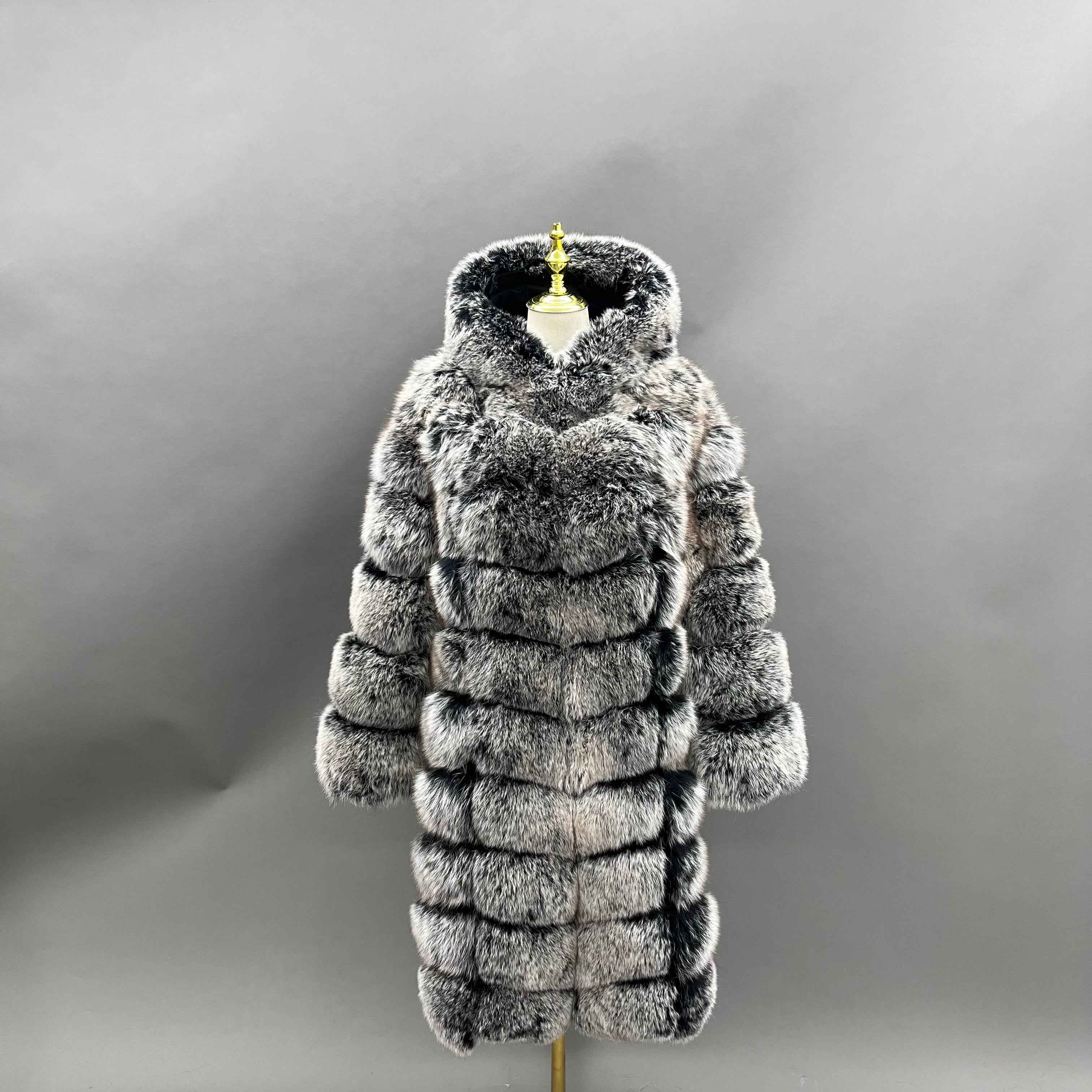 Women's Luxury Fox Fur Maxi Coat - 100cm Length Hooded Layered Design Winter Warm Fashion Outerwear