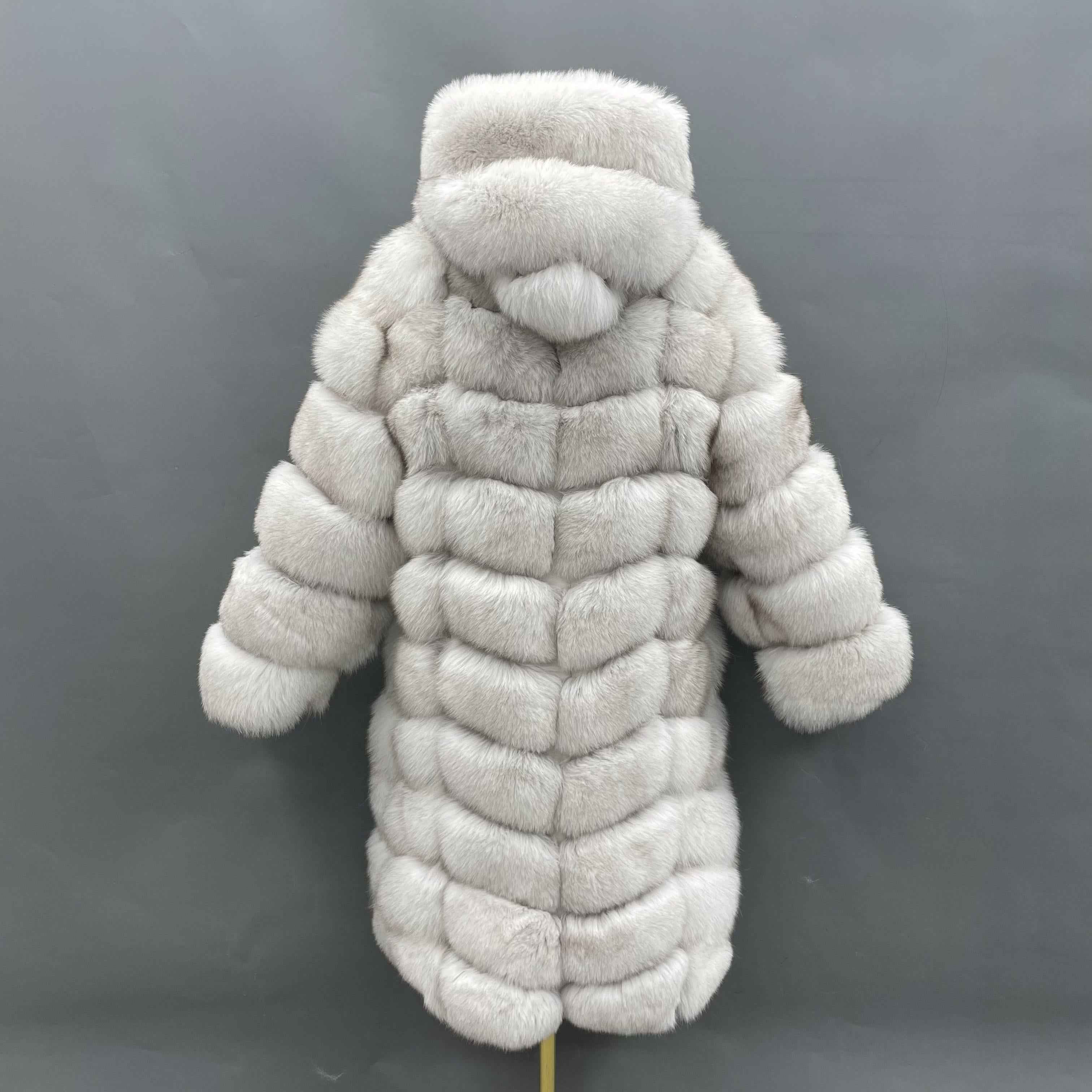 Women's Luxury Fox Fur Maxi Coat - 100cm Length Hooded Layered Design Winter Warm Fashion Outerwear