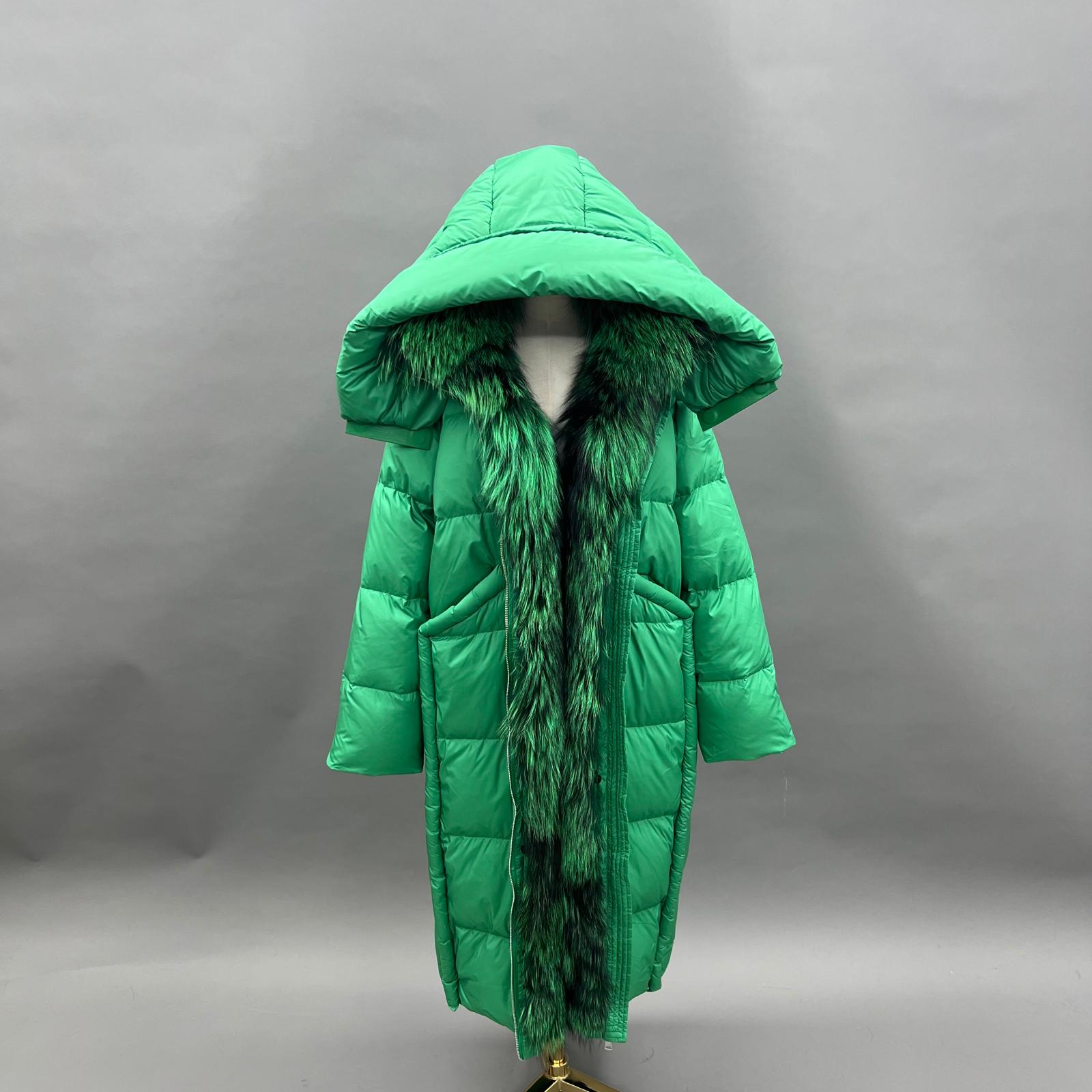Goose Down-Insulated Knitted Cuff Collar Large Lapel Lightweight Warm Down Jacket Down Coat Green