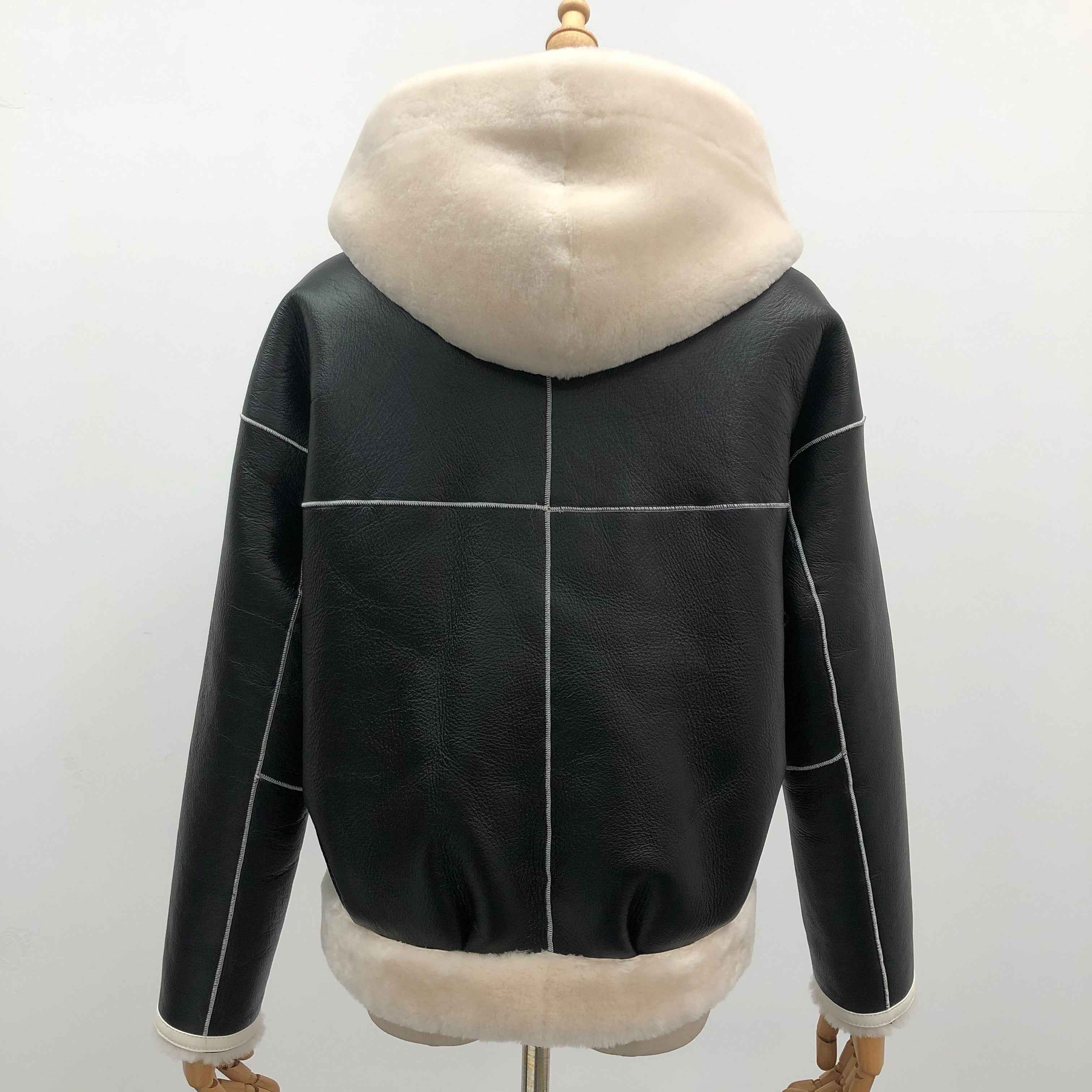 Women's Casual Hooded Shearling Leather Jacket with Contrast Fur Trim - Luxe Casual Outerwear