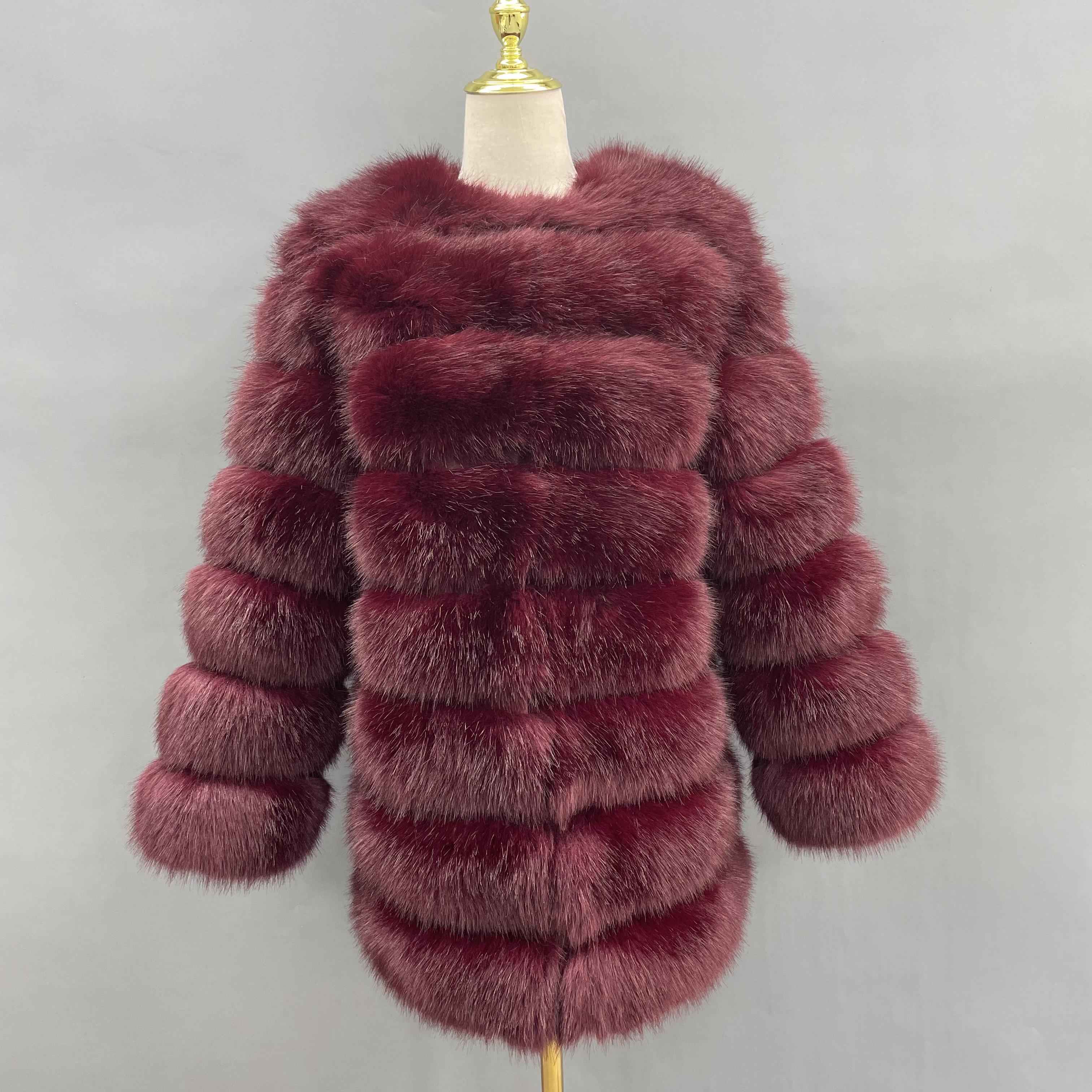 Women's 8-Panel Crew Neck Long Sleeve Faux Fur Coat - Luxury Trendy Winter Essential Outerwear Wine