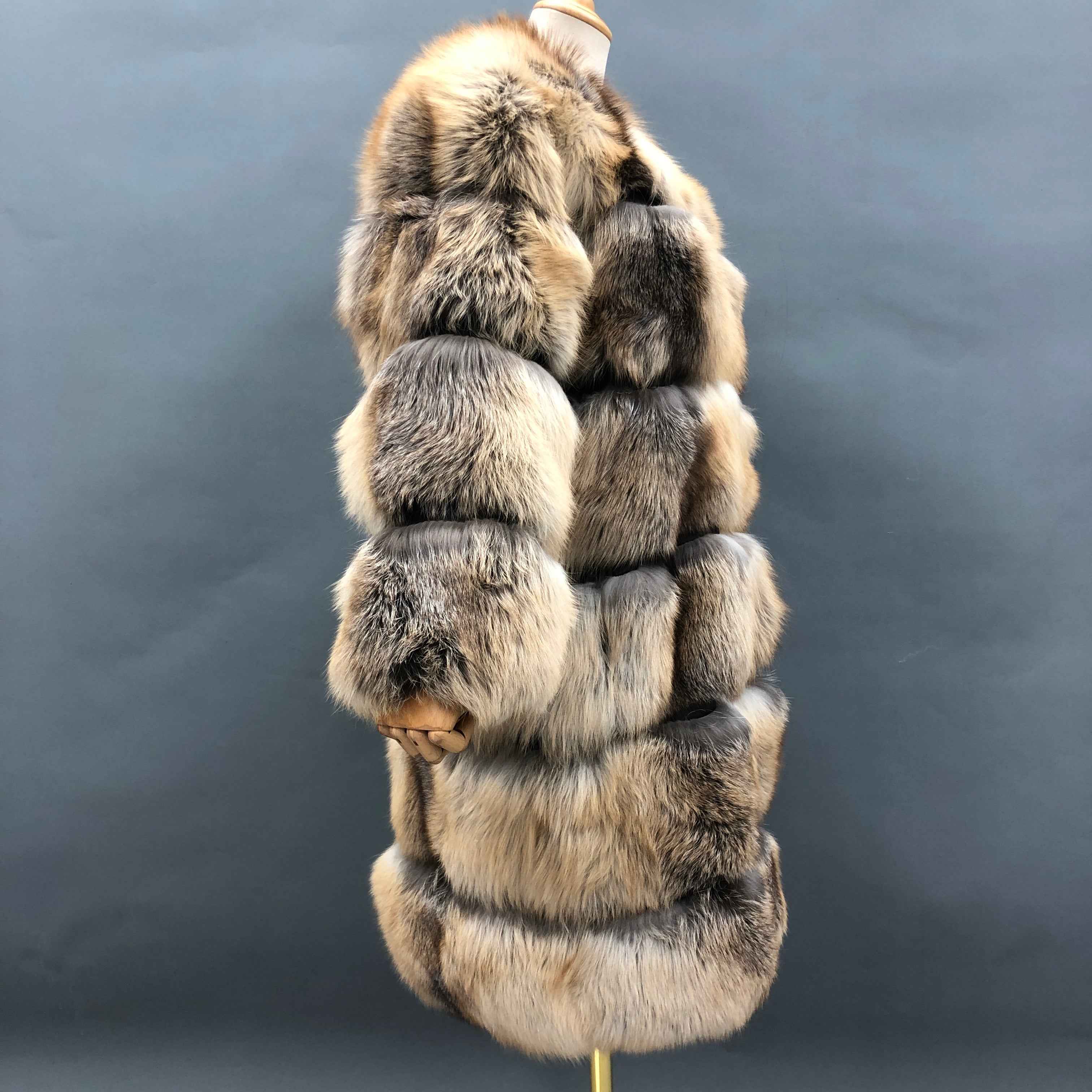 Ultra-Warm Natural Color Fox Fur Long Coat - 6-Panel Layered Design Winter Fur Jacket