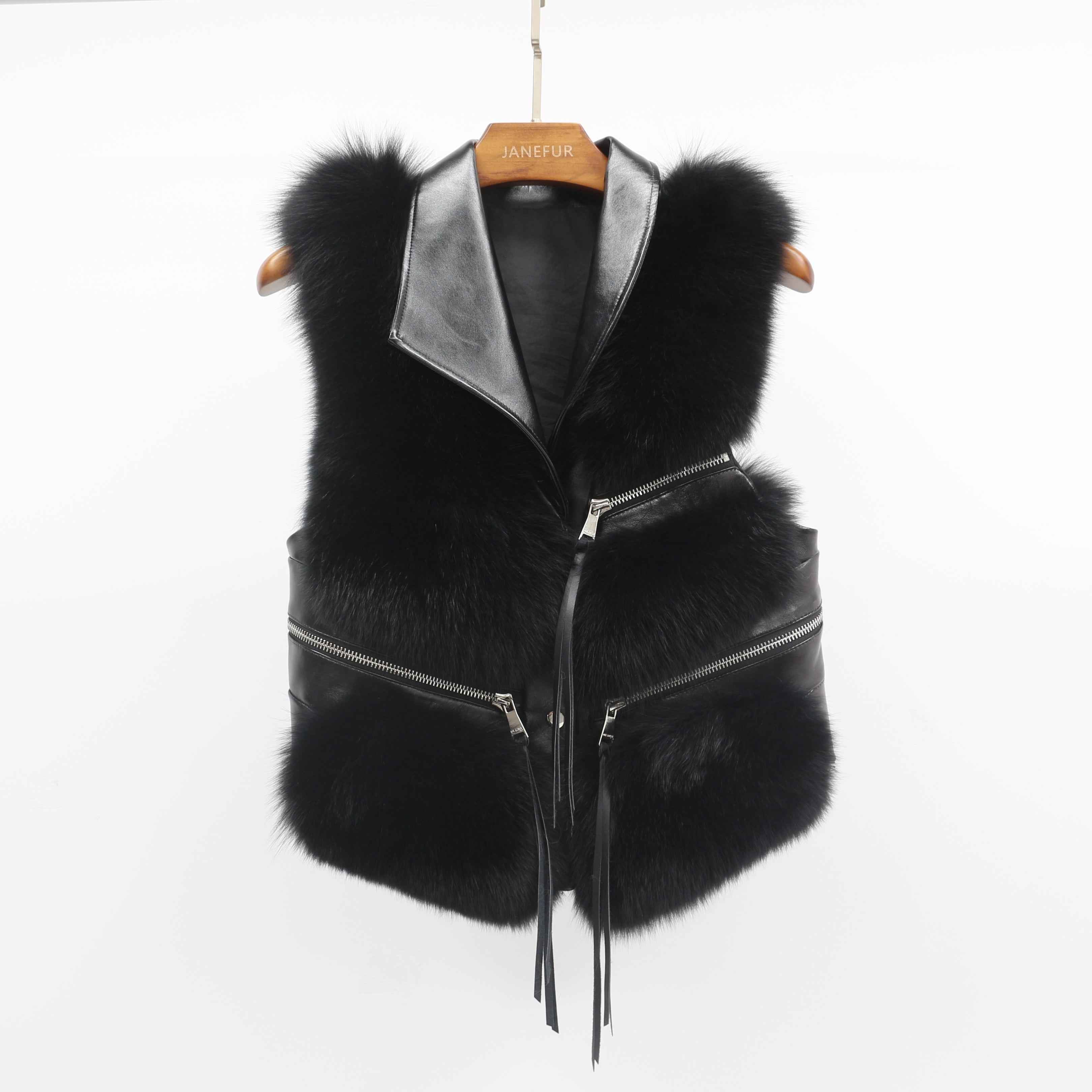 Women's Edgy Fox Fur Vest - Asymmetric Zipper Detail Fashion Outerwear Black