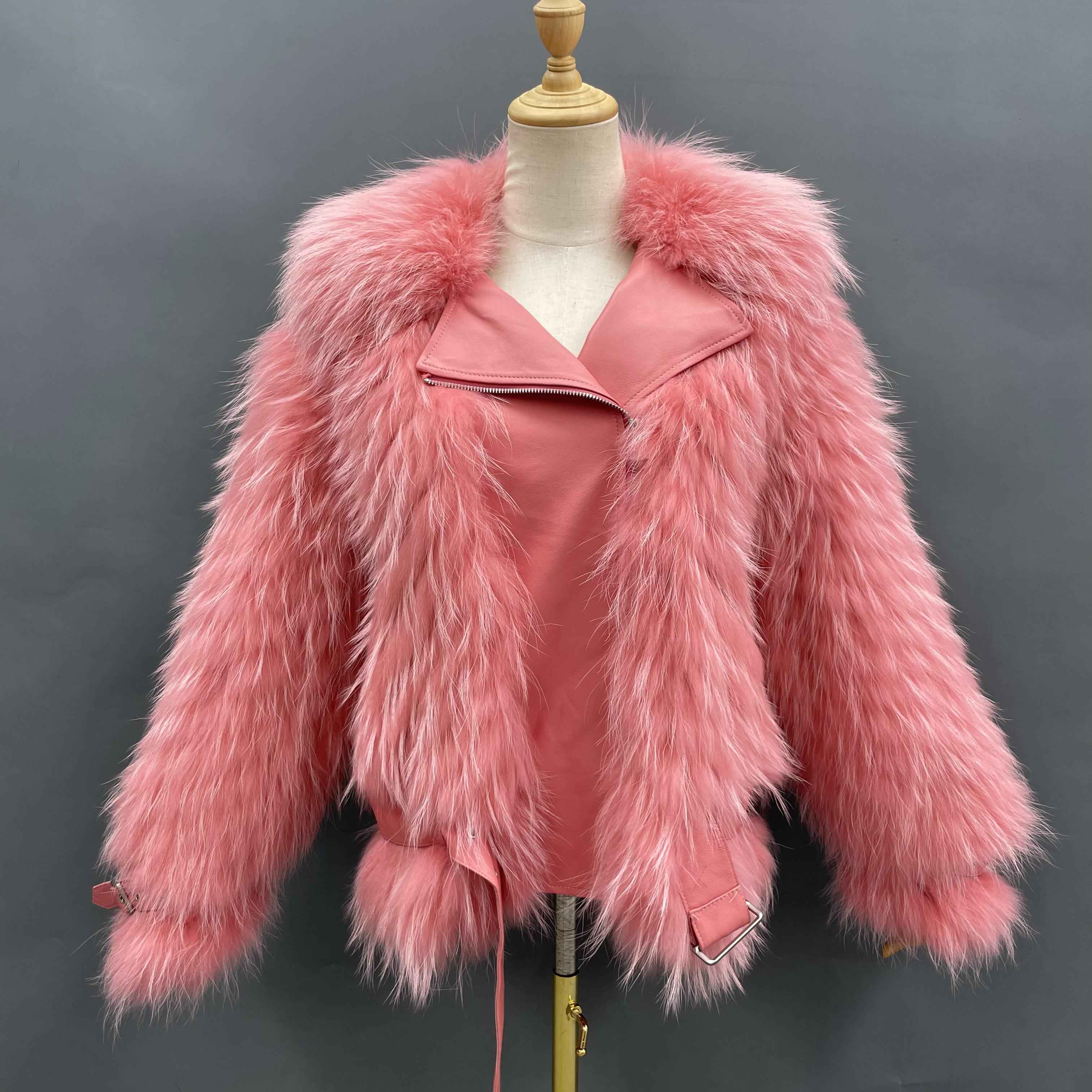 Women's Edgy Pink Raccoon Fur Biker Jacket - Belted Cuffs & Waist Daily Wear Winter Outerwear