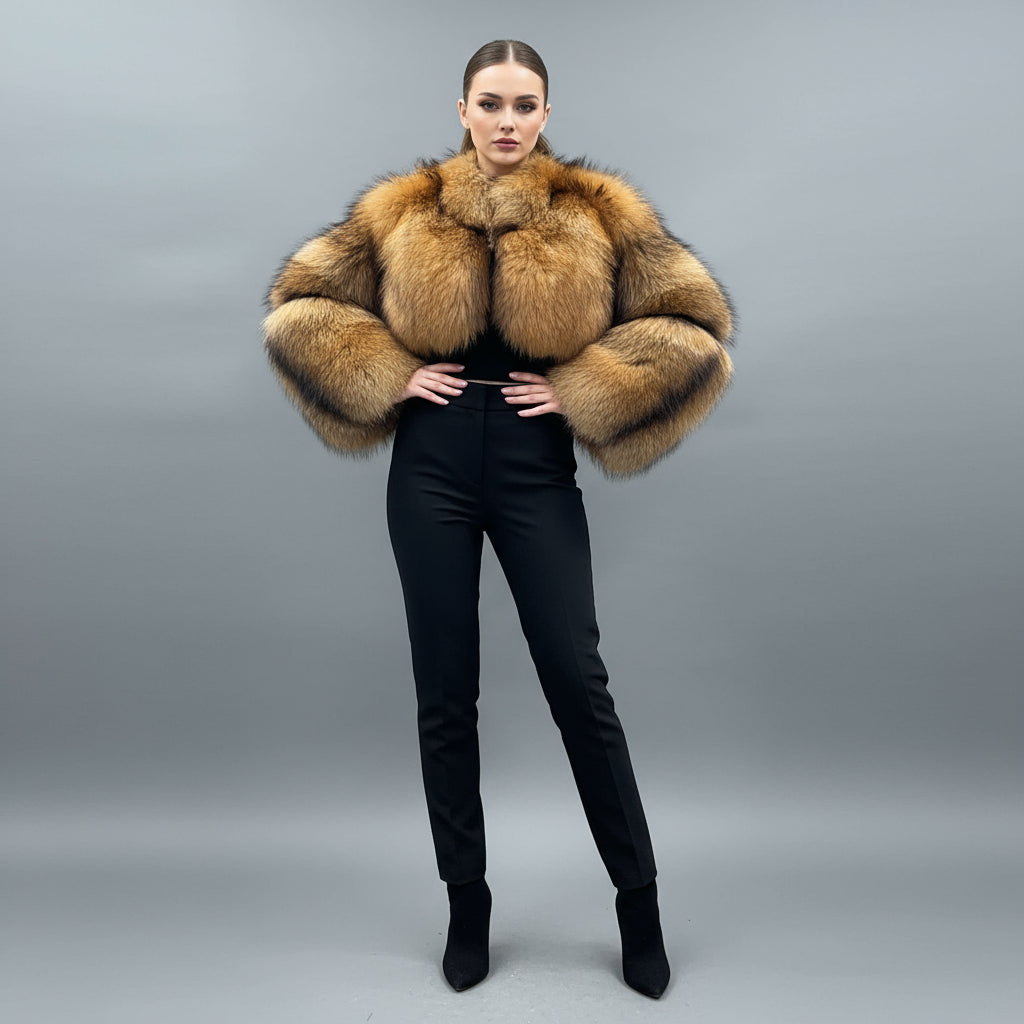 Women's Luxury Raccoon Fur Cropped Shrug - Stand Collar Vintage Evening Party Outerwear Animal F