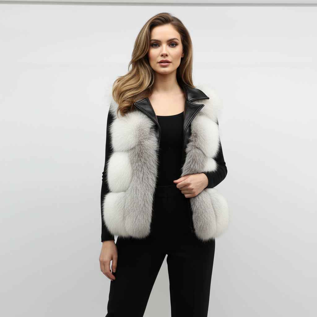 Women's Luxury Fox Fur Vest - Notched Lapel Elegant Outerwear White