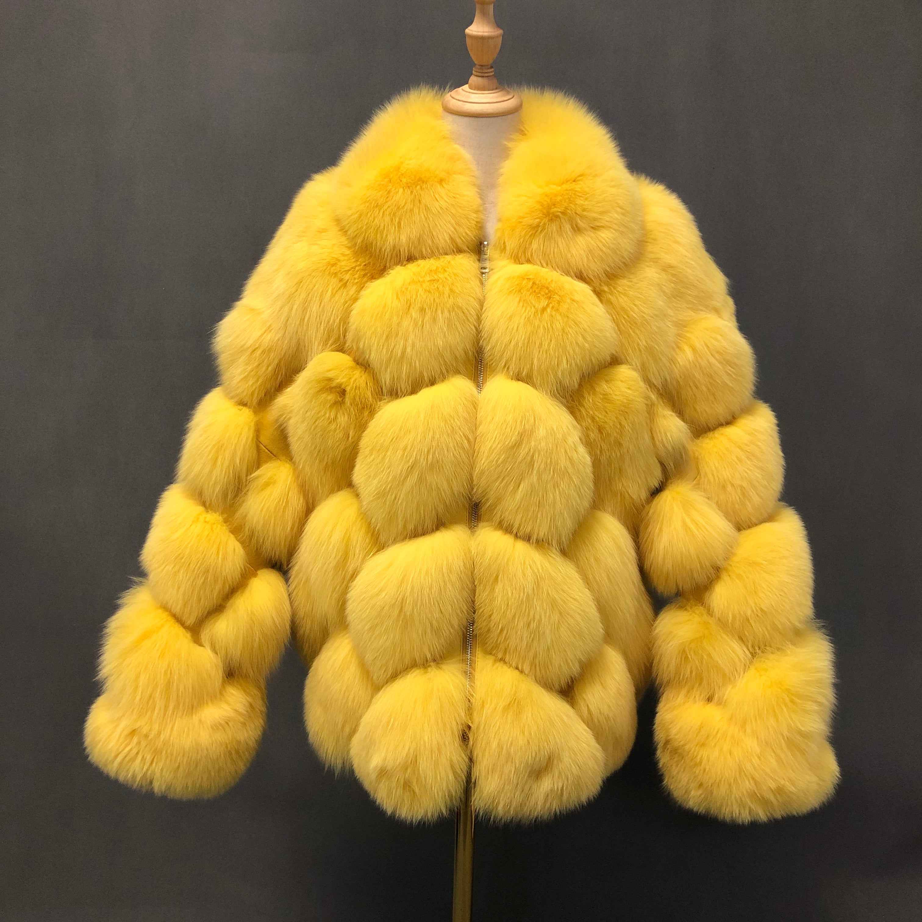Women's Luxury Fox Fur Coat with Diamond Pattern - Winter Warm Fashion Fur Jacket Yellow