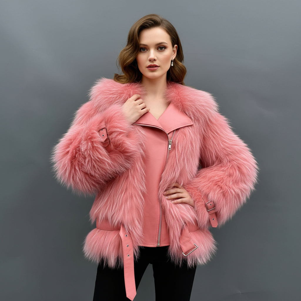 Women's Edgy Pink Raccoon Fur Biker Jacket - Belted Cuffs & Waist Daily Wear Winter Outerwear Pink F-CHEST 104
