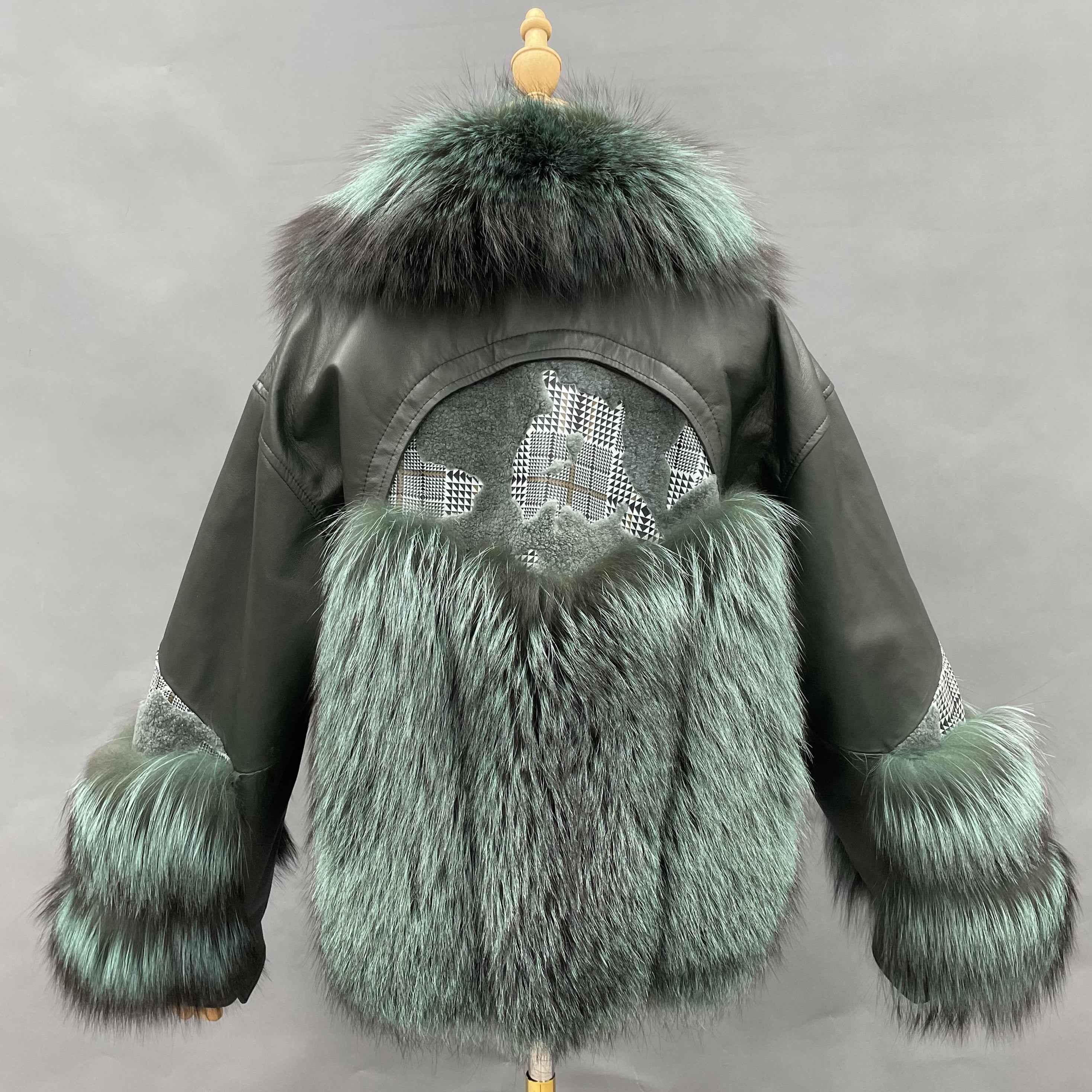 Women's Luxury Teal Fox Fur & Leather Patchwork Jacket - Plaid Detail Button Closure Cropped Winter Fashion Outerwear