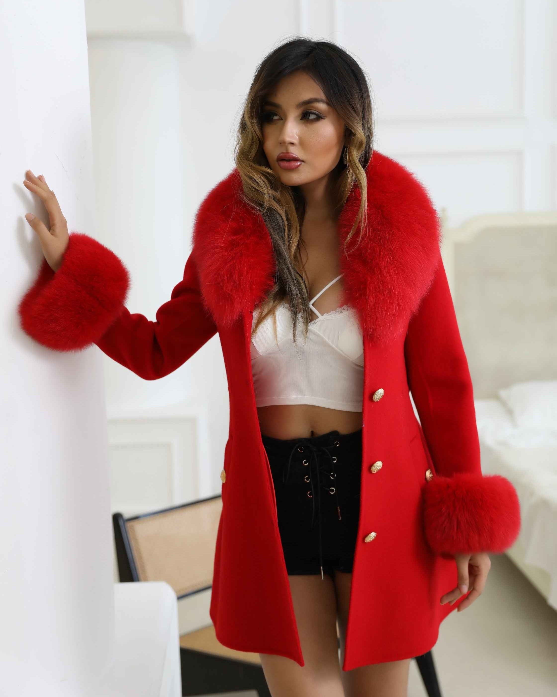 Autumn Winter Red Double - faced Wool Belted Coat