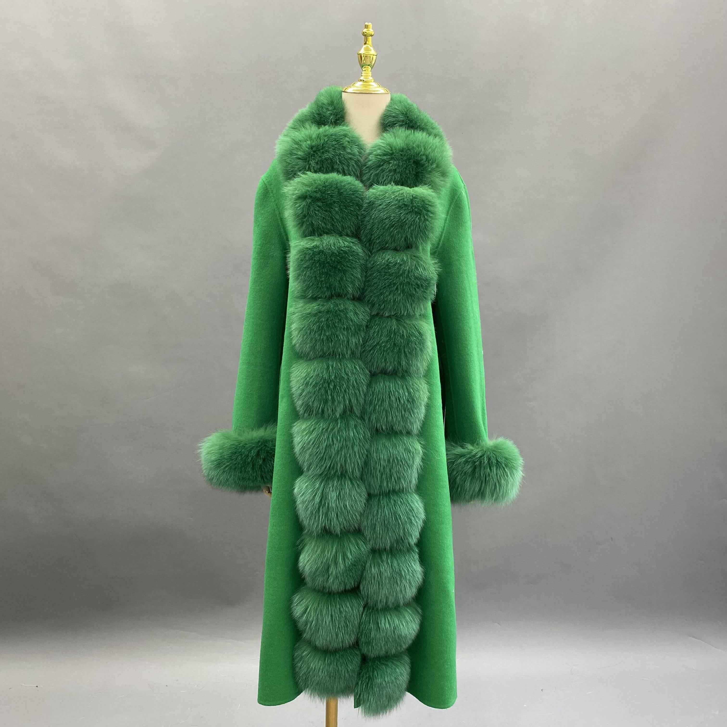 Luxury Cashmere Coat with Tiered Fox Fur Trim and Cuffed Sleeves Green