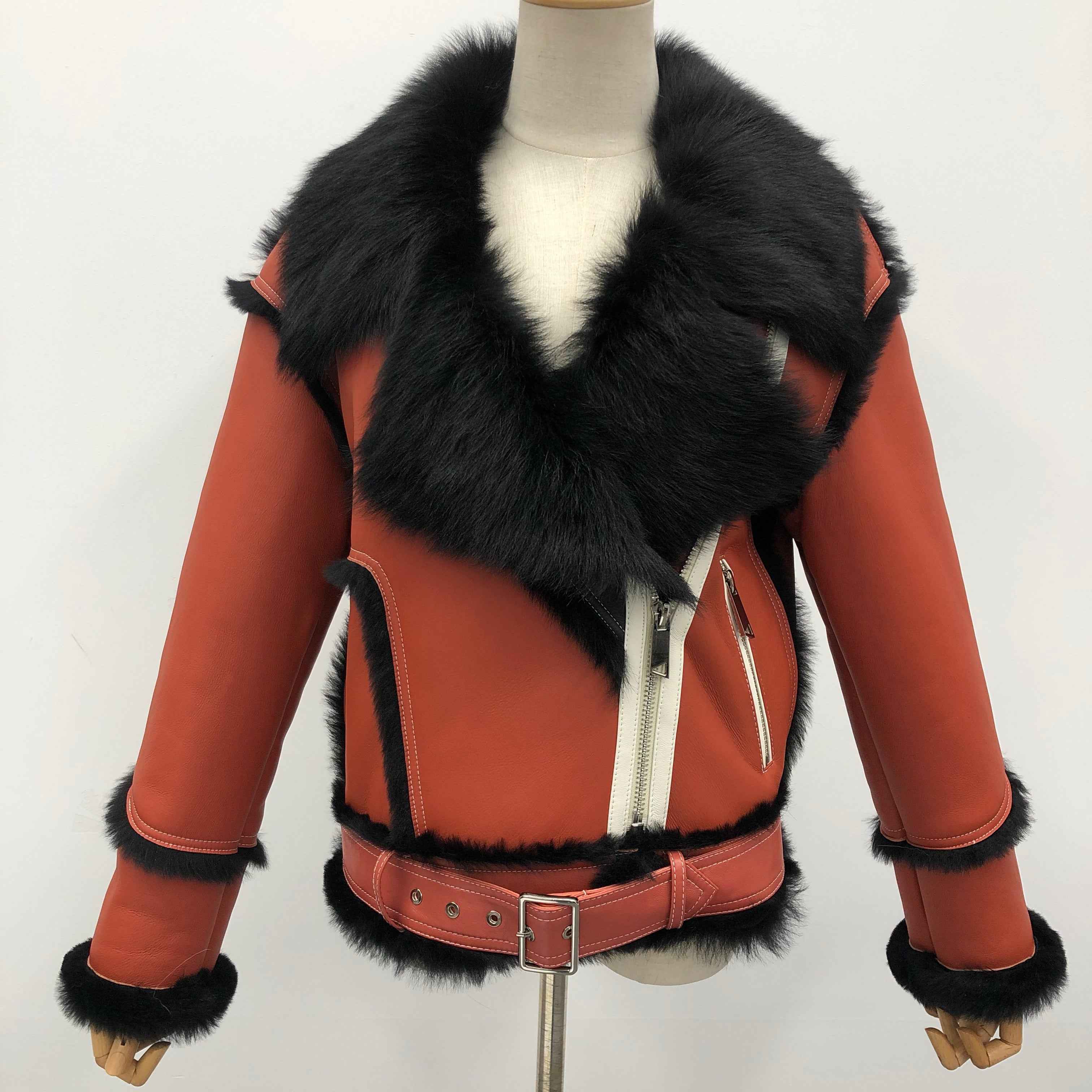 Women's Toscana Shearling Biker Jacket with Notched Lapel, Contrast Fur Trim & Belted Waist - Luxe Color-Block Outerwear