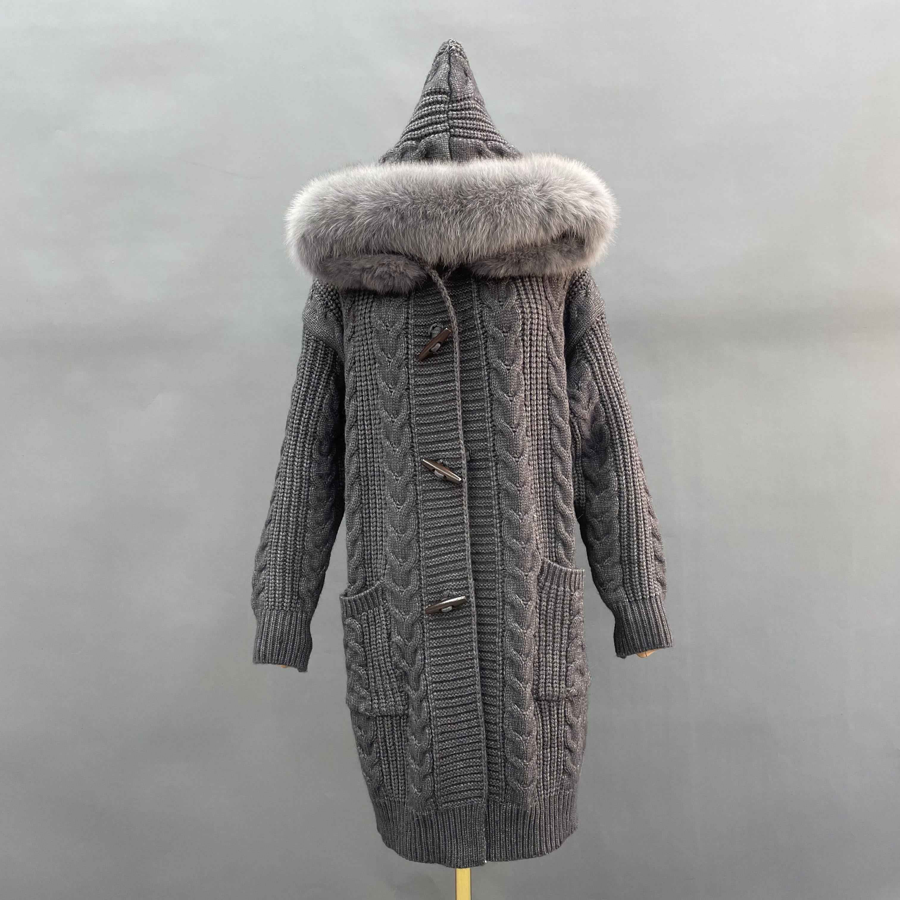 Women's Hooded Cable-Knit Cardigan with Toggle Buttons & Fur-Trimmed Hood - Cozy Winter Knitwear Grey F CUSTOMIZED THE FUR