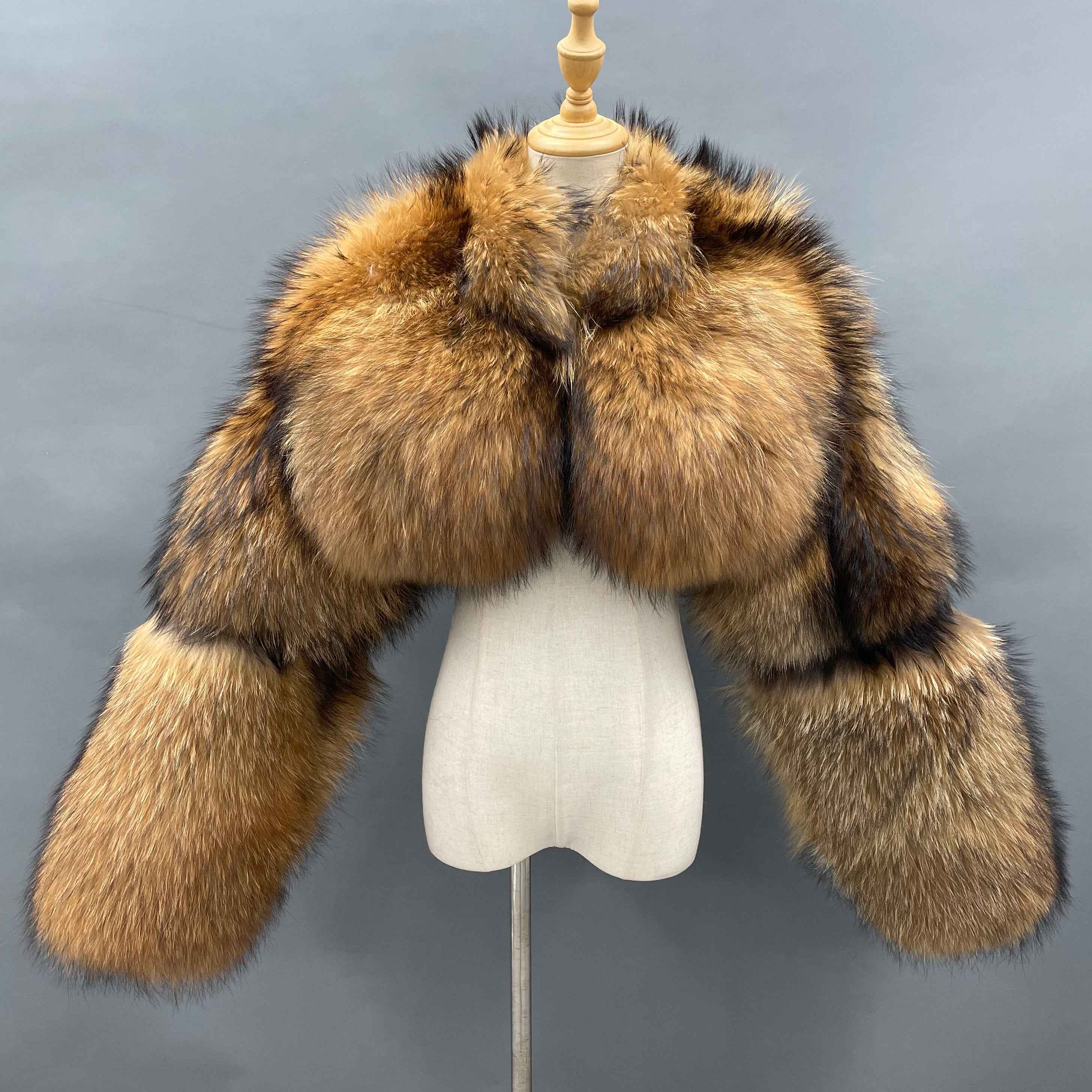 Women's Luxury Raccoon Fur Cropped Shrug - Stand Collar Vintage Evening Party Outerwear