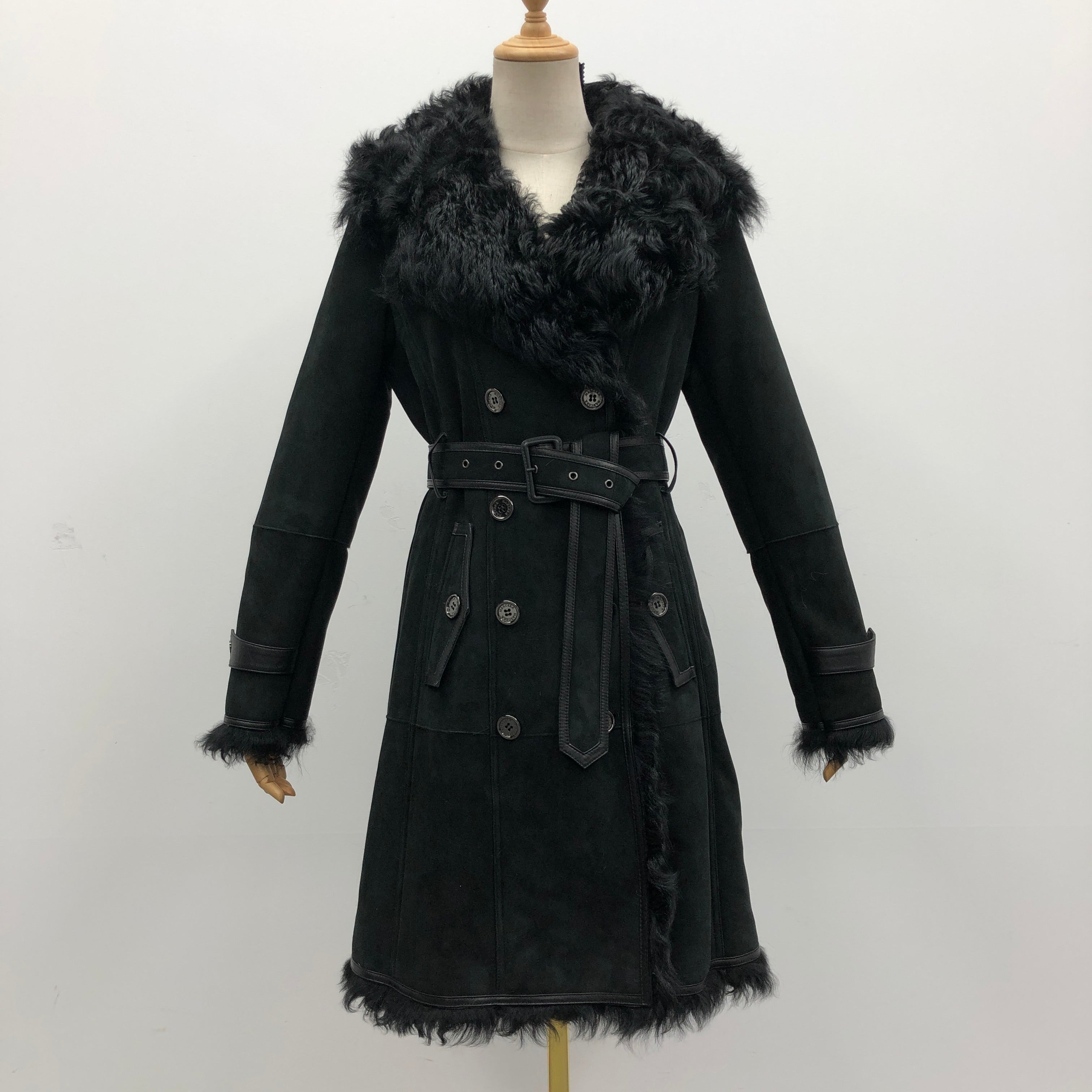 Women's Longline Double-Breasted Shearling Coat with Belted Waist, Fur Collar & Trim - Luxe Winter Outerwear