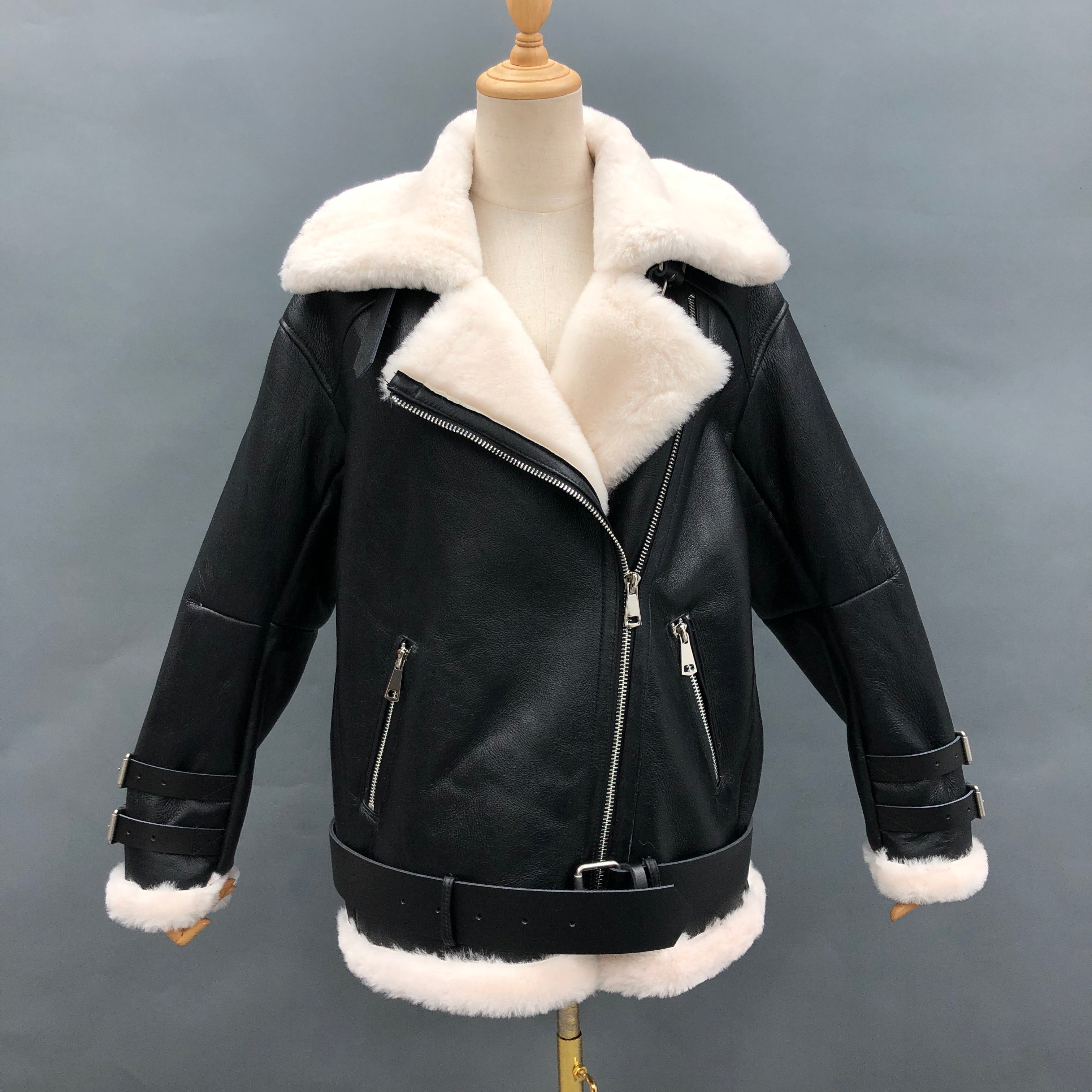 Women's Shearling Biker Jacket with Buckle Strap Cuffs & Contrast Fur Trim - Luxe Moto-Style Outerwear