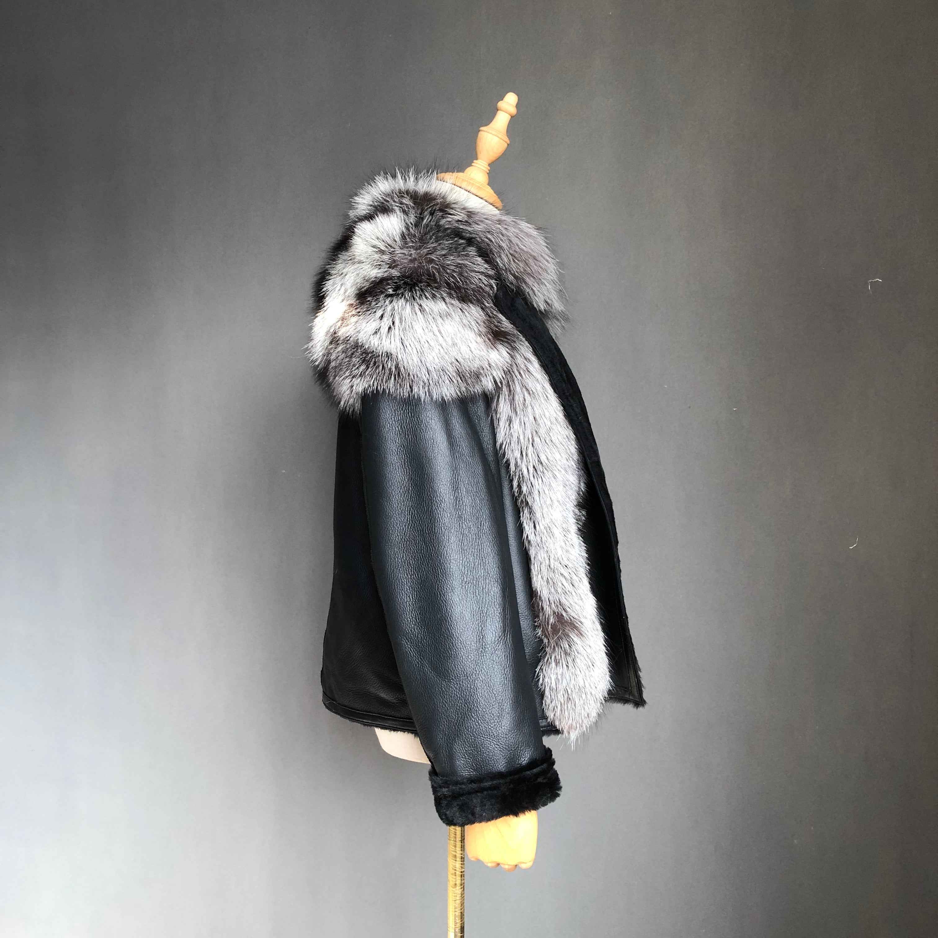 Women's Shearling Leather Coat with Raccoon Fur Trim - Windproof Luxury Winter Outerwear