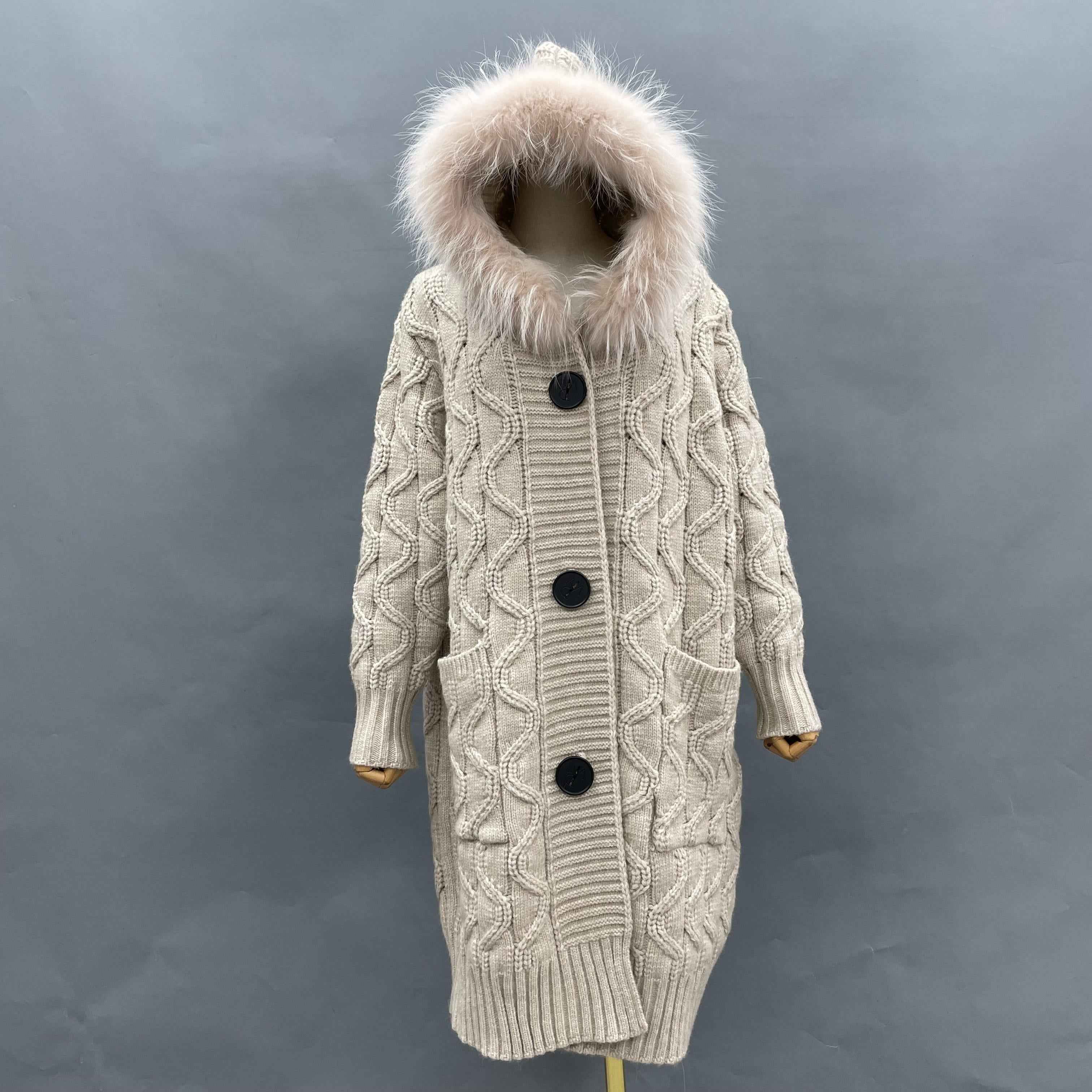 Women's Hooded Knitted Coat with Oversized Buttons, Raccoon Fur-Trimmed Hood & Wave-Knit Pattern - Luxe Winter Outerwear White F-CHEST 128