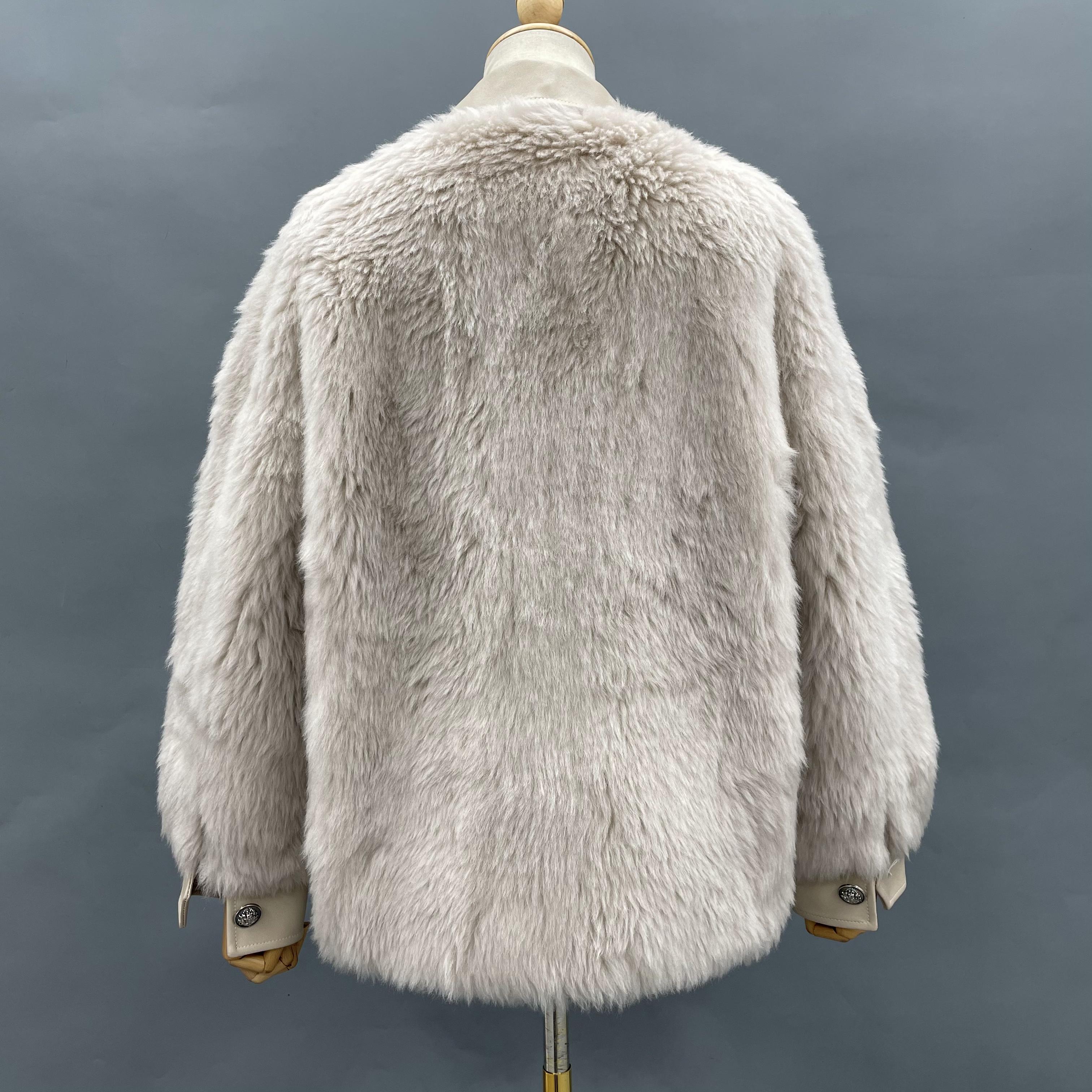 Women's Grey Sheepskin Shearling Jacket with Leather Collar, Cuffs & Decorative Buttons - Edgy Winter Outerwear