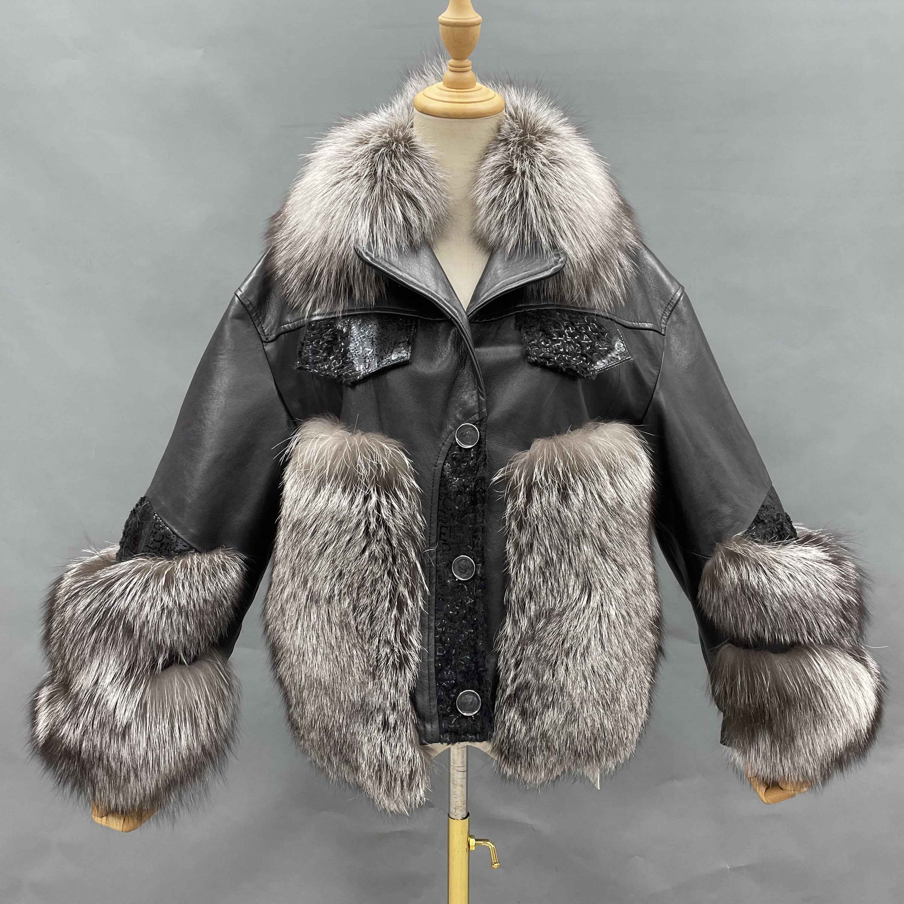 Women's Luxury Teal Fox Fur & Leather Patchwork Jacket - Plaid Detail Button Closure Cropped Winter Fashion Outerwear Sliver