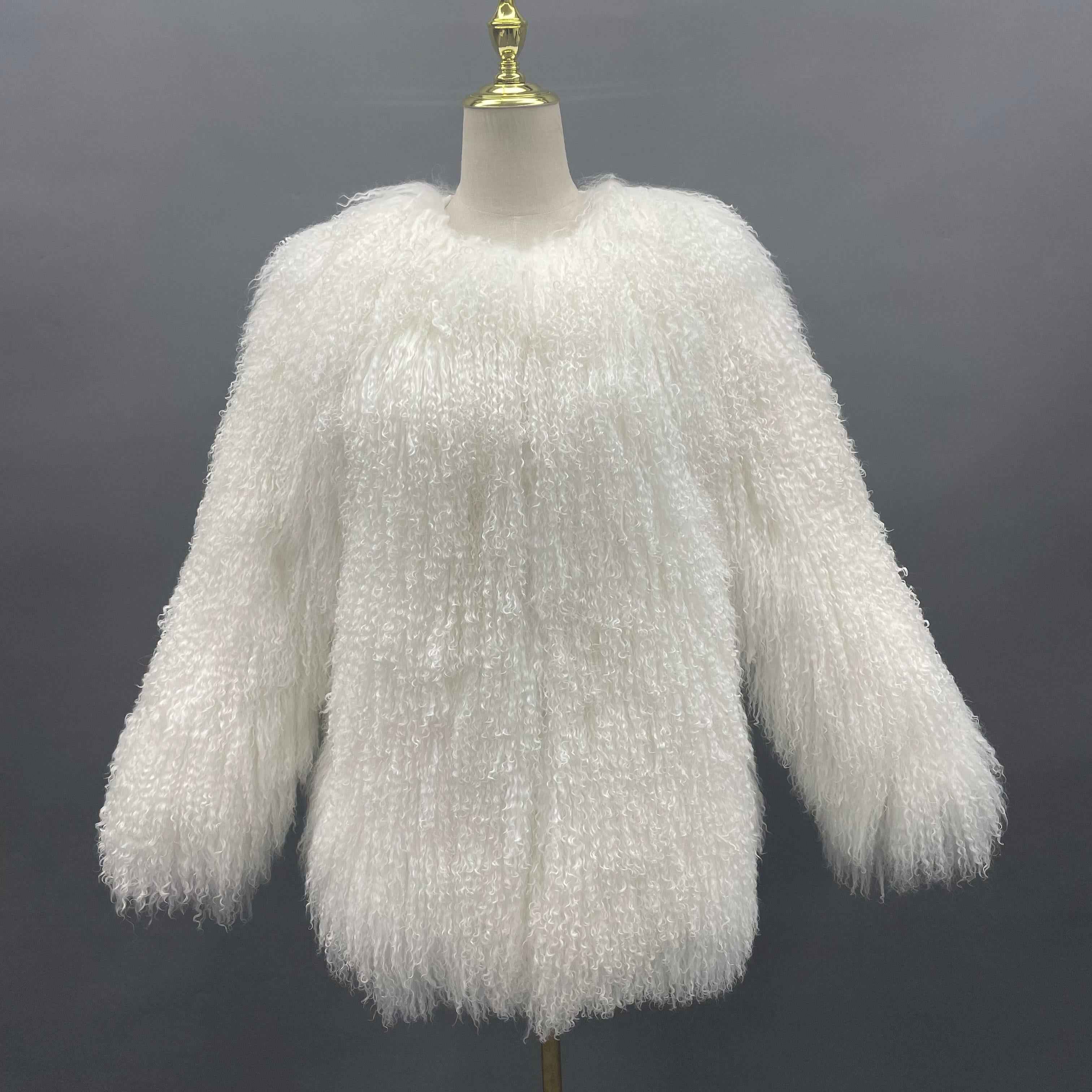 Women's Luxury Mid-Length Tibetan Lamb Fur Coat - Exclusive Harsh Winter Statement Outerwear White