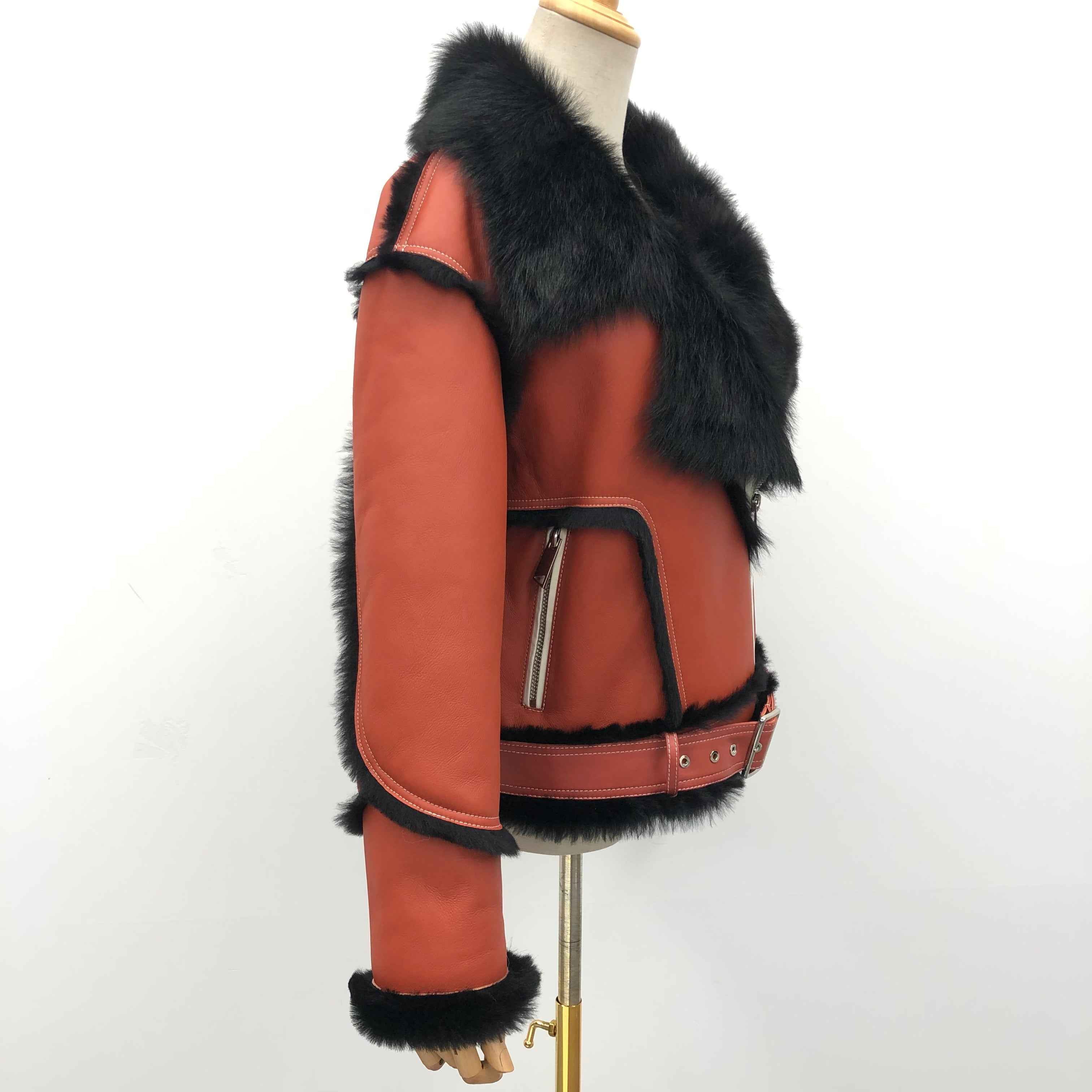 Women's Toscana Shearling Biker Jacket with Notched Lapel, Contrast Fur Trim & Belted Waist - Luxe Color-Block Outerwear