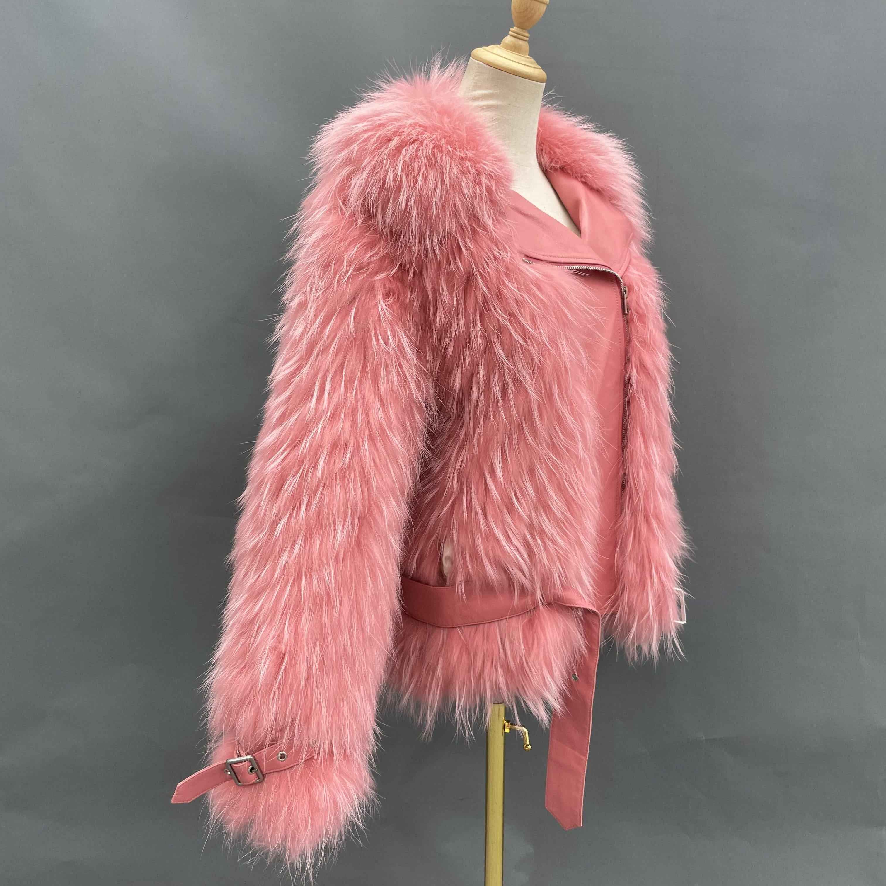 Women's Edgy Pink Raccoon Fur Biker Jacket - Belted Cuffs & Waist Daily Wear Winter Outerwear